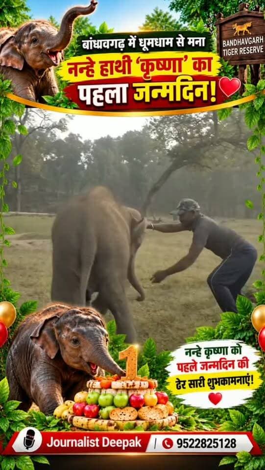 💥 बांधवगढ़ में धूमधाम से मना नन्हे हाथी ‘कृष्णा’ का पहला जन्मदिन!
उमरिया के बांधवगढ़ टाइगर रिजर्व में नन्हे हाथी कृष्णा का पहला जन्मदिन खास अंदाज में मनाया गया।
16 अक्टूबर 2025 को जन्मे कृष्णा के लिए महावतों और प्रबंधन ने फलों, गन्ने, गुड़ और मल्टीग्रेन रोटियों से खास केक तैयार किया। नन्हे कृष्णा ने अपनी मां के साथ इस खास दिन का भरपूर आनंद लिया।
वन्यजीवों के प्रति प्रेम और उनकी देखभाल की यह खूबसूरत तस्वीर दिल जीत लेती है।
📍 बांधवगढ़ टाइगर रिजर्व, उमरिया (मध्य प्रदेश)
#Bandhavgarh #ElephantKrishna #BandhavgarhTigerReserve #Umaria #MadhyaPradesh Wildlife ElephantBirthday WildlifeConservation BandhavgarhNationalPark