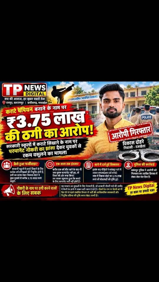 सरकारी स्कूलों में कराटे चैंपियन बनाने के नाम पर ₹3.75 लाख की ठगी का आरोप, आरोपी गिरफ्तार!
👇👇👇👇
https://cgtpnews.blogspot.com/2026/10/375.html