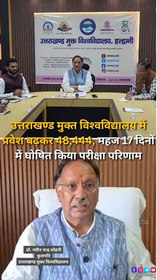 उत्तराखण्ड मुक्त विश्वविद्यालय ने शैक्षणिक सत्र जुलाई 2026 में प्रवेश संख्या बढ़ने और परीक्षा परिणाम समय पर घोषित करने की जानकारी साझा की है। कुलपति प्रो. नवीन चन्द्र लोहनी की अध्यक्षता में आयोजित प्रेस कॉन्फ्रेंस में बताया गया कि विश्वविद्यालय में कुल प्रवेश की संख्या पिछले वर्ष के 46,558 से बढ़कर 48,444 हो गई है, जो करीब 4.05 प्रतिशत की वृद्धि है। विश्वविद्यालय के अनुसार, जुलाई 2026 सत्र की परीक्षाएं 20 जुलाई से 27 अगस्त तक आयोजित की गईं और केंद्रीय मूल्यांकन 13 सितंबर तक पूरा किया गया। इसके बाद परीक्षा परिणाम 17 दिनों में घोषित किए गए। इस सत्र में 80 परीक्षा केंद्रों पर परीक्षाएं हुईं और मूल्यांकन प्रक्रिया में करीब 300 शिक्षकों ने योगदान दिया। विश्वविद्यालय ने नेपाल के शिक्षार्थियों के लिए भी प्रवेश प्रक्रिया शुरू करने की जानकारी दी। इसके अलावा परिसर में EZY Charge के सहयोग से ई-वाहन चार्जिंग स्टेशन स्थापित किया गया है। हल्द्वानी के मॉडल अध्ययन केंद्र में 18 अक्टूबर को दीक्षारंभ कार्यक्रम आयोजित किया जाएगा, जबकि विश्वविद्यालय का 21वां स्थापना दिवस 31 अक्टूबर और आगामी दीक्षांत समारोह 18 नवंबर को प्रस्तावित है। विश्वविद्यालय ने इन पहलों को शैक्षणिक सुविधाओं, शिक्षार्थी सहायता और पर्यावरण-अनुकूल परिसर के विकास की दिशा में महत्वपूर्ण बताया है।
#UttarakhandOpenUniversity #UOU #Haldwani #HaldwaniNews #Uttarakhand #UttarakhandNews #HigherEducation #DistanceEducation #OpenUniversity #ExamResults #July2026Session #UniversityAdmissions #AdmissionGrowth #NepalStudents #StudentNews #EducationNews #NaveenChandraLohani #UniversityUpdate #Deeksharambh #Convocation #FoundationDay #GreenCampus #EVChargingStation #EZYCharge #SustainableCampus #BreakingNews #LatestNews #HindiNews #NewsReels #HaldwaniExpressNews