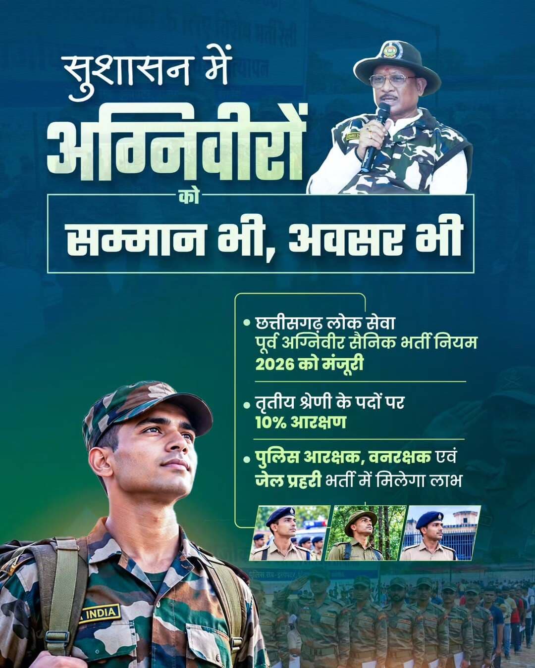 सुशासन सरकार में अग्निवीरों को सम्मान भी, अवसर भी।
मुख्यमंत्री श्री विष्णु देव साय के नेतृत्व में छत्तीसगढ़ सरकार ने पूर्व अग्निवीरों के लिए छत्तीसगढ़ लोक सेवा पूर्व अग्निवीर सैनिक भर्ती नियम, 2026 को मंजूरी प्रदान की है।
इसके तहत तृतीय श्रेणी के पदों पर 10% आरक्षण का प्रावधान किया गया है। पुलिस आरक्षक, वनरक्षक एवं जेल प्रहरी की भर्ती में पूर्व अग्निवीरों को इसका लाभ मिलेगा।
<nis:link nis:type=tag nis:id=vishnudeosai nis:value=VishnuDeoSai nis:enabled=true nis:link/> <nis:link nis:type=tag nis:id=agniveer nis:value=Agniveer nis:enabled=true nis:link/> <nis:link nis:type=tag nis:id=chhattisgarh nis:value=Chhattisgarh nis:enabled=true nis:link/> <nis:link nis:type=tag nis:id=sushasansarkar nis:value=Sushasansarkar nis:enabled=true nis:link/>