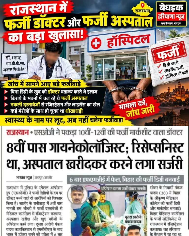 🚨 BREAKING NEWS: 8वीं पास निकला फर्जी MBBS डॉक्टर! 😱 जिस अस्पताल में काटता था पर्चियां, उसी को खरीदकर करने लगा ऑपरेशन!
राजस्थान SOG का बड़ा एक्शन, दो आरोपी गिरफ्तार; फर्जी मेडिकल डिग्रियों के नेटवर्क का खुलासा!
#BreakingNews #FakeDoctor #RajasthanNews #HaryanaNews #JhalakoFatehabad