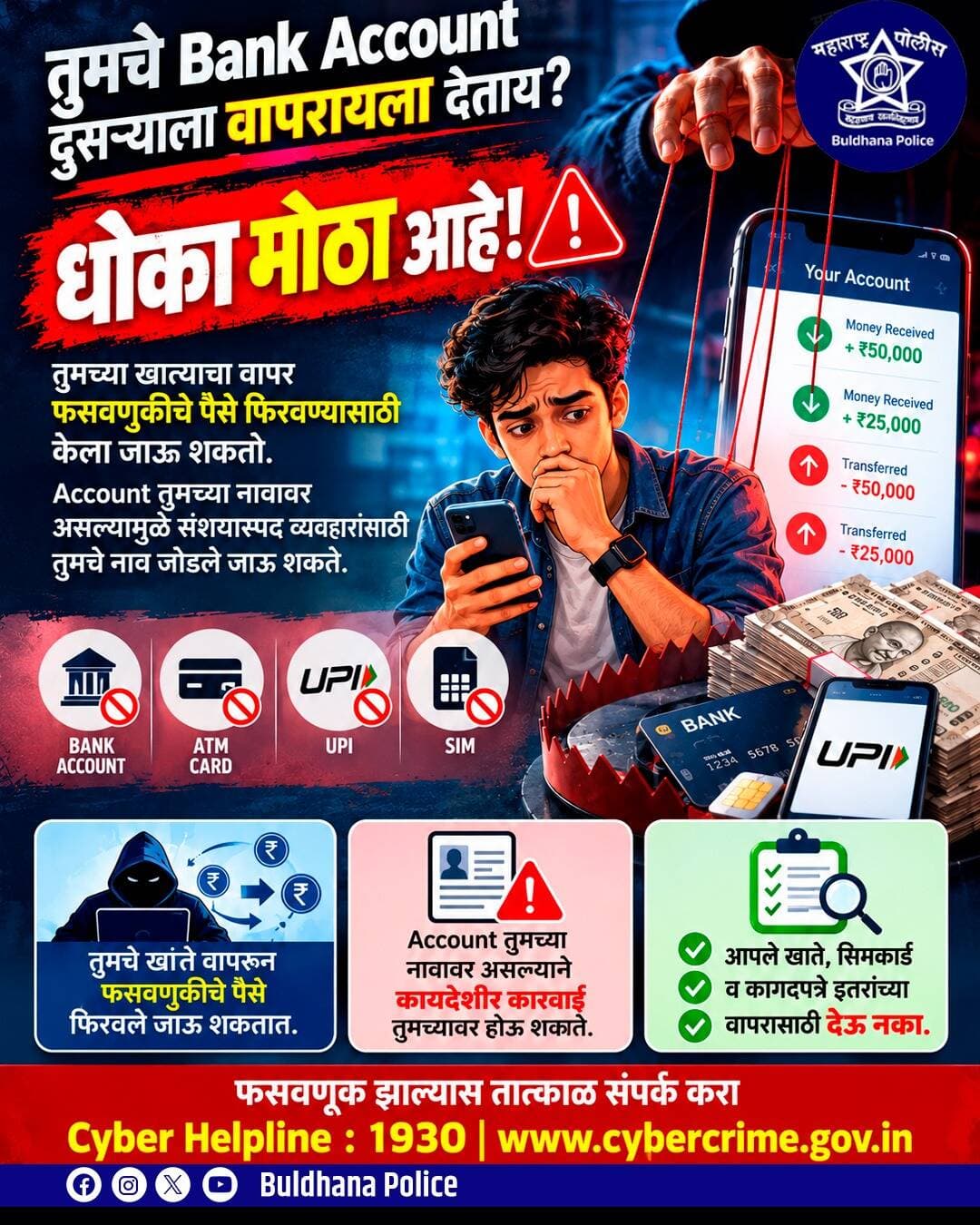 तुमचे बँक खाते दुसऱ्याला वापरायला देताय? सावधान!
पैशांच्या आमिषाला बळी पडू नका, फसवणुकीच्या गुन्ह्यात अडकू नका!
बँक खाते, ATM कार्ड, UPI किंवा सिमकार्ड इतरांना वापरण्यास देऊ नका.
📞 सायबर हेल्पलाईन : 1930
<nis:link nis:type=tag nis:id=buldhanapolice nis:value=buldhanapolice nis:enabled=true nis:link/>
<nis:link nis:type=tag nis:id=buldhanadistrict nis:value=buldhanadistrict nis:enabled=true nis:link/>
<nis:link nis:type=tag nis:id=cyberawarenessmonth nis:value=cyberawarenessmonth nis:enabled=true nis:link/>
<nis:link nis:type=tag nis:id=staysafeonline nis:value=staysafeonline nis:enabled=true nis:link/>