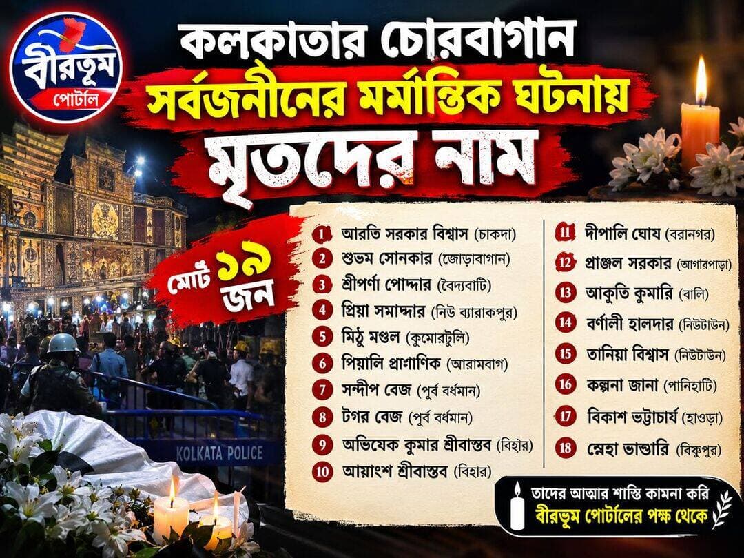 কলকাতার চোরবাগান সর্বজনীনে মর্মান্তিক দুর্ঘটনা! প্রাণ গেল ১৯ জনের, শোকের ছায়া বাংলাজুড়ে!
<nis:link nis:type=tag nis:id=facebookreels nis:value=facebookreels nis:enabled=true nis:link/> <nis:link nis:type=tag nis:id=facebookviral nis:value=facebookviral nis:enabled=true nis:link/> <nis:link nis:type=tag nis:id=foryou nis:value=foryou nis:enabled=true nis:link/> <nis:link nis:type=tag nis:id=birbhumportal nis:value=birbhumportal nis:enabled=true nis:link/> <nis:link nis:type=tag nis:id=facebooktrending nis:value=facebooktrending nis:enabled=true nis:link/>