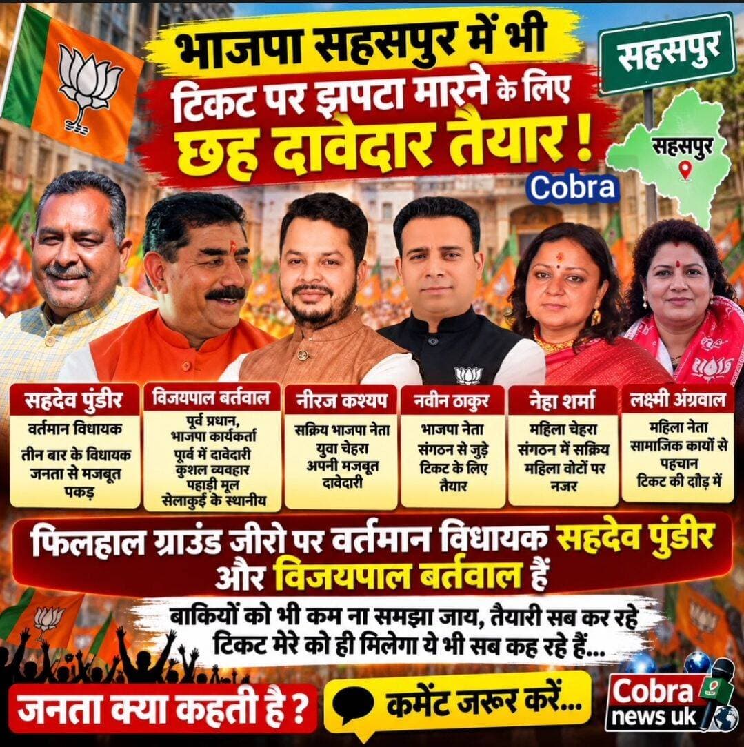 2027 में <nis:link nis:type=tag nis:id=सहसपुर nis:value=सहसपुर nis:enabled=true nis:link/> से BJP का विधायक चेहरा कौन? टिकट की दौड़ में 6 दावेदार, किस पर लगेगा पार्टी का दांव!
सहदेव पुंडीर बनाम विजयपाल बर्तवाल! क्या इन दोनों के बीच सिमटेगी भाजपा की टिकट की जंग या बाकी चार दावेदार बिगाड़ेंगे समीकरण?
उत्तराखंड में 2027 विधानसभा चुनाव को लेकर राजनीतिक सरगर्मियां तेज होने लगी हैं। सहसपुर विधानसभा सीट पर भाजपा के टिकट को लेकर भी दावेदारों की चर्चा शुरू हो गई है। वर्तमान विधायक सहदेव पुंडीर, विजयपाल बर्तवाल, नीरज कश्यप, नवीन ठाकुर, नेहा शर्मा और लक्ष्मी अग्रवाल समेत छह नामों को लेकर राजनीतिक चर्चाएं हैं।
ग्राउंड जीरो पर फिलहाल सहदेव पुंडीर और विजयपाल बर्तवाल की चर्चा!
वर्तमान विधायक सहदेव पुंडीर की सबसे बड़ी ताकत उनका तीन बार विधायक चुना जाना और क्षेत्र में उनकी राजनीतिक पकड़ मानी जाती है। ऐसे में टिकट की दौड़ में उन्हें मजबूत दावेदार के रूप में देखा जा रहा है।
वहीं, विजयपाल बर्तवाल भी अपनी दावेदारी को लेकर चर्चा में हैं। पूर्व प्रधान होने के साथ-साथ भाजपा कार्यकर्ता के रूप में उनकी सक्रियता, पूर्व में टिकट की दावेदारी और स्थानीय स्तर पर संपर्क उनकी ताकत माने जाते हैं। पहाड़ी मूल से जुड़ाव, कुशल व्यवहार और सेलाकुई का स्थानीय निवासी होना भी उनके पक्ष में चर्चा का विषय है।
लेकिन मुकाबला सिर्फ इन दो नामों तक सीमित मानना जल्दबाजी होगी!
नीरज कश्यप, नवीन ठाकुर, नेहा शर्मा और लक्ष्मी अग्रवाल भी अपनी राजनीतिक तैयारी में जुटे होने की चर्चा में हैं। सभी दावेदारों की अपनी-अपनी रणनीति और दावेदारी हो सकती है। आखिरकार टिकट किसे मिलेगा, यह भाजपा के संगठन, चुनावी समीकरणों और पार्टी नेतृत्व के फैसले पर निर्भर करेगा।
अब सबसे बड़ा सवाल—2027 में सहसपुर की जनता किसे भाजपा के विधायक चेहरे के रूप में देखना चाहती है?
अपनी राय कमेंट में जरूर बताएं—भाजपा को सहसपुर से किसे टिकट देना चाहिए और क्यों?
Cobra News UK
जनता की राय, राजनीति का विश्लेषण!
<nis:link nis:type=tag nis:id=follower nis:value=follower nis:enabled=true nis:link/> <nis:link nis:type=tag nis:id=highlightseveryone nis:value=highlightseveryone nis:enabled=true nis:link/> <nis:link nis:type=tag nis:id=selaquisahaspur nis:value=selaquiSahaspur nis:enabled=true nis:link/> Vijay Pal Singh Bartwal Sahdev Singh Pundir Neeraj Kumar Kashyap Khabar Ek Nazar N BJP Uttarakhand Dehradun, देहरादून, Uttarakhand, India