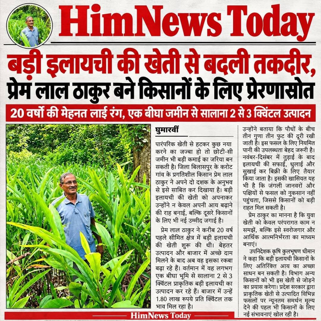पारंपरिक खेती से हटकर कुछ नया करने का जज्बा हो तो छोटी-सी जमीन भी बड़ी कमाई का जरिया बन सकती है। जिला बिलासपुर के करोट गांव के प्रगतिशील किसान प्रेम लाल ठाकुर ने अपने दो दशक के अनुभव से इसे साबित कर दिखाया है।