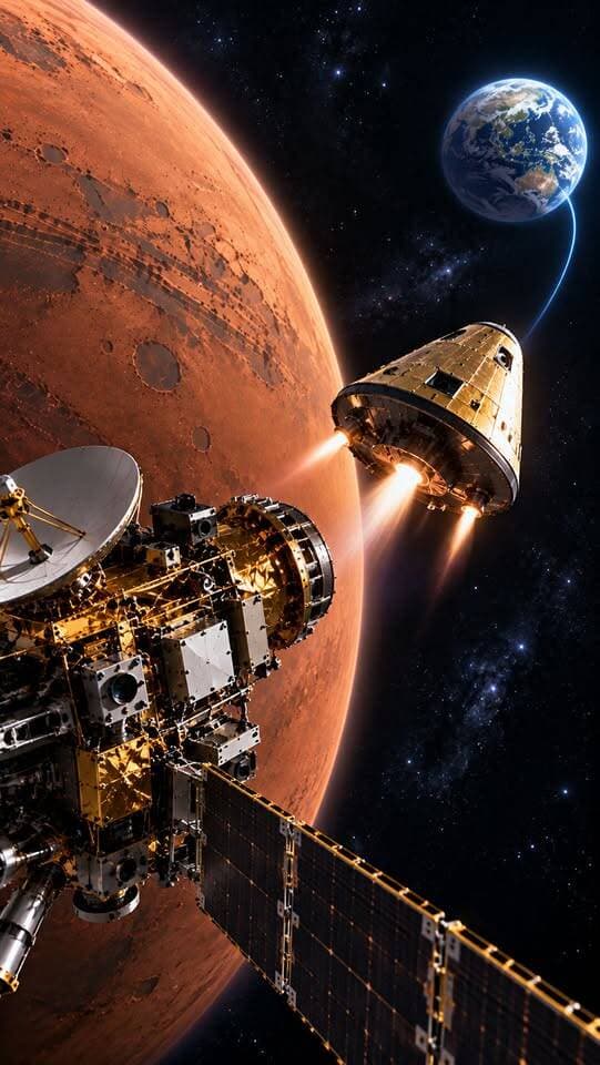 The journey home begins. Watch this return capsule leave Mars behind and set a trajectory back toward Earth. What are your thoughts on deep space exploration? #SpaceExploration #Mars #Astronomy #SpaceTravel #facebookreelsviral
