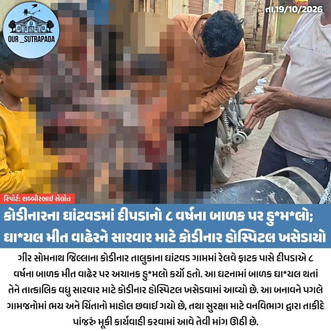 ઘાંટવડમાં દીપડાનો ૮ વર્ષના બાળક પર હુ*મલો...
<nis:link nis:type=tag nis:id=our_sutrapada nis:value=our_sutrapada nis:enabled=true nis:link/> <nis:link nis:type=tag nis:id=girsomnath nis:value=girsomnath nis:enabled=true nis:link/> <nis:link nis:type=tag nis:id=instadaily nis:value=instadaily nis:enabled=true nis:link/> <nis:link nis:type=tag nis:id=gujarat nis:value=gujarat nis:enabled=true nis:link/> <nis:link nis:type=tag nis:id=kodinar nis:value=kodinar nis:enabled=true nis:link/>