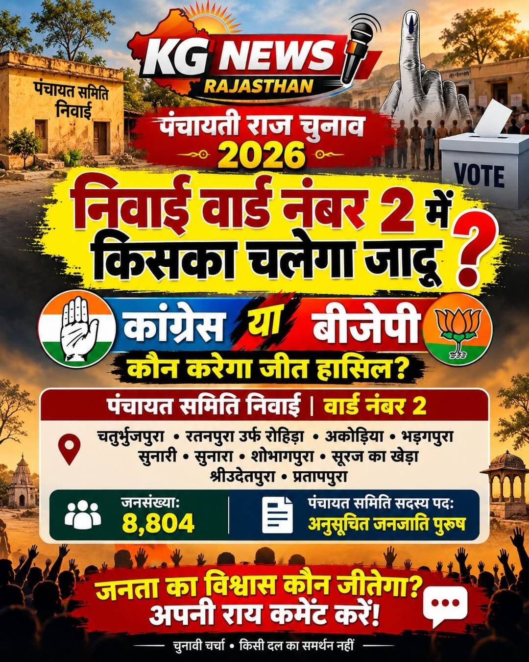 निवाई वार्ड नंबर 2 में किसका चलेगा जादू,
कांग्रेस या बीजेपी — कौन जीतेगा जनता का विश्वास,
पंचायत समिति निवाई , पंचायती राज चुनाव 2026
आपकी नजर में कौन मजबूत है? अपनी राय कमेंट में बताएं,
<nis:link nis:type=tag nis:id=niwai nis:value=Niwai nis:enabled=true nis:link/> <nis:link nis:type=tag nis:id=tonknews nis:value=TonkNews nis:enabled=true nis:link/> <nis:link nis:type=tag nis:id=rajasthanelection2026 nis:value=RajasthanElection2026 nis:enabled=true nis:link/> <nis:link nis:type=tag nis:id=kgnewsrajasthan nis:value=KGNewsRajasthan nis:enabled=true nis:link/>