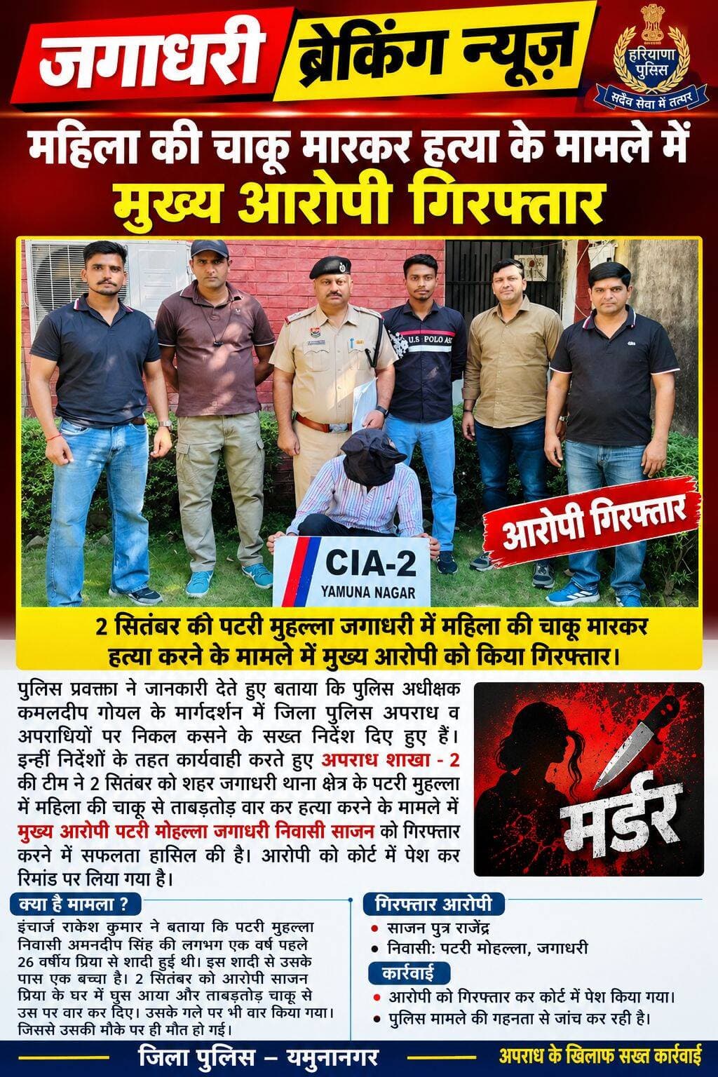 अपराध शाखा - 2 की टीम ने जगाधरी में महिला की चाकू मारकर हत्या करने के मामले में मुख्य आरोपी को किया गिरफ्तार।