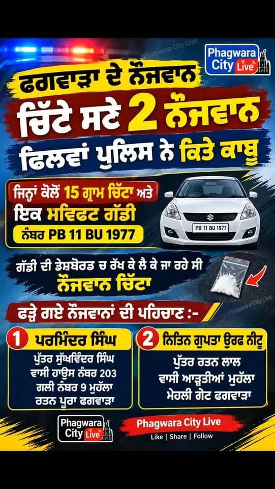 ਫਗਵਾੜਾ ਦੇ ਨੌਜਵਾਨ ਚਿੱਟੇ ਸਣੇ 2 ਨੌਜਵਾਨ ਢਿਲਵਾਂ ਪੁਲਿਸ ਨੇ ਕਿਤੇ ਕਾਬੂ
ਜਿਨ੍ਹਾਂ ਕੋਲੋਂ 15 ਗ੍ਰਾਮ ਚਿੱਟਾ ਅਤੇ ਇਕ ਸਵਿਫਟ ਗੱਡੀ ਨੰਬਰ PB 11 BU 1977
ਗੱਡੀ ਦੀ ਡੇਸ਼ਬੋਰਡ ਚ ਰੱਖ ਕੇ ਲੈ ਕੇ ਜਾ ਰਹੇ ਸੀ ਨੌਜਵਾਨ ਚਿੱਟਾ
ਫੜ੍ਹੇ ਗਏ ਨੌਜਵਾਨਾਂ ਦੀ ਪਹਿਚਾਣ :-📍
1.ਪਰਮਿੰਦਰ ਸਿੰਘ ਪੁੱਤਰ ਸੁੱਖਵਿੰਦਰ ਸਿੰਘ ਵਾਸੀ ਹਾਊਸ ਨੰਬਰ 203 ਗਲੀ ਨੰਬਰ 9 ਮੁਹੱਲਾ ਰਤਨ ਪੂਰਾ ਫਗਵਾੜਾ
2.ਨਿਤਿਨ ਗੁਪਤਾ ਉਰਫ ਨੀਟੂ ਪੁੱਤਰ ਰਤਨ ਲਾਲ ਵਾਸੀ ਆੜ੍ਹਤੀਆਂ ਮੁਹੱਲਾ ਮੇਹਲੀ ਗੇਟ ਫਗਵਾੜਾ
ਇਸ ਦਾਂ ਪੋਸਟਰ ਬਣਾ ਦਿੱਤਾ ਜਾਵੇ Phagwara City Live ਦਾਂ ਲੋਗੋ ਲਗਾ ਕੇ ਅਤੇ watermark ਲਗਾ ਕੇ #phagwaracitylive #manuchawla #phagwara #dhilwapolice #Kapurthalapolice