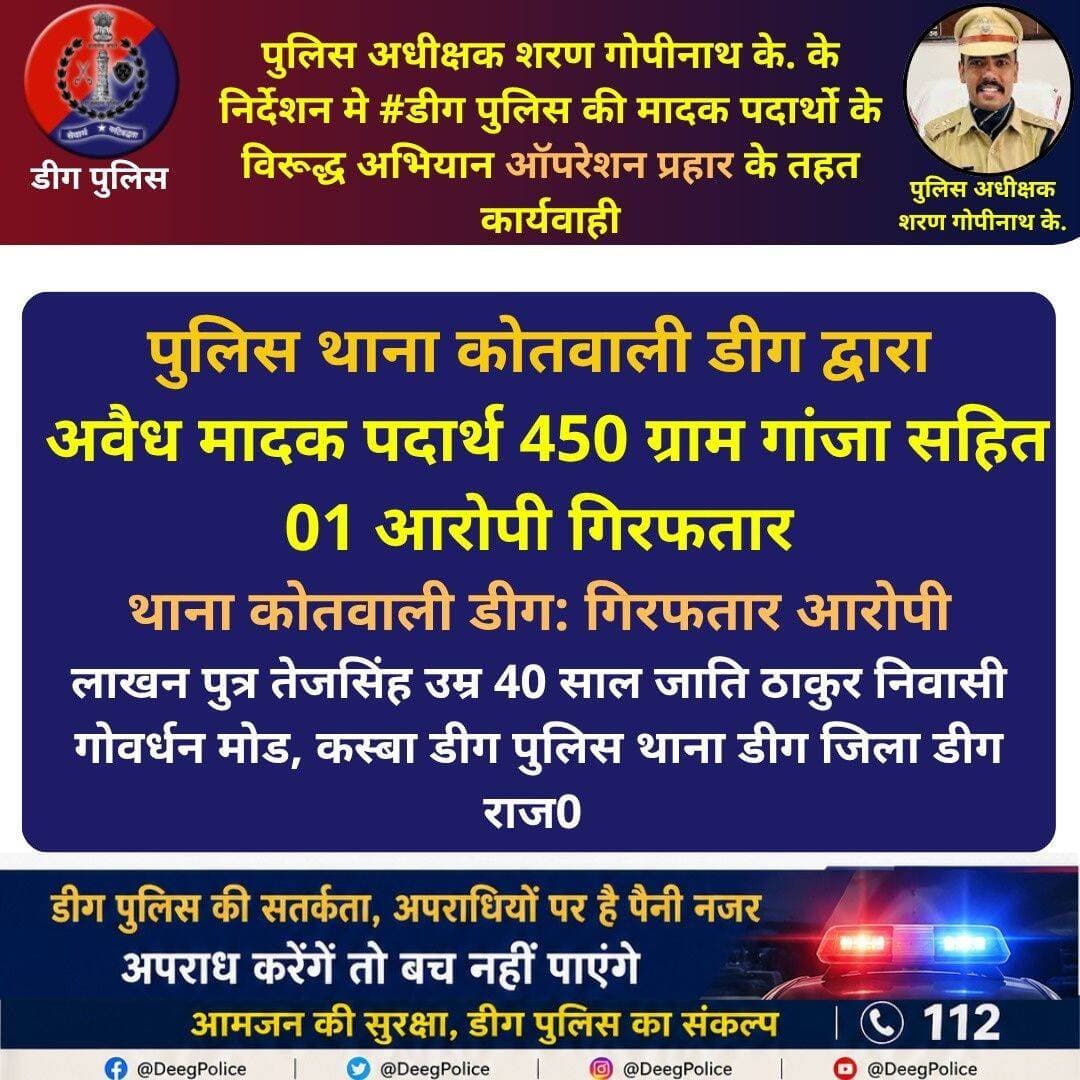 पुलिस अधीक्षक शरण गोपीनाथ के. के निर्देशन मे <nis:link nis:type=tag nis:id=डीग nis:value=डीग nis:enabled=true nis:link/> पुलिस की मादक पदार्थो के विरूद्ध अभियान ऑपरेशन <nis:link nis:type=tag nis:id=प्रहार nis:value=प्रहार nis:enabled=true nis:link/> के तहत कार्यवाही
पुलिस थाना कोतवाली डीग द्वारा अवैध मादक पदार्थ 450 ग्राम गांजा सहित 01 आरोपी गिरफतार
<nis:link nis:type=tag nis:id=deegpolice nis:value=DeegPolice nis:enabled=true nis:link/> <nis:link nis:type=tag nis:id=rajasthanpolice nis:value=RajasthanPolice nis:enabled=true nis:link/>
Rajasthan Police
CMO Rajasthan