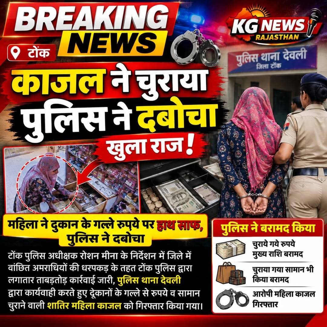 टोंक में दुकान के गल्ले पर हाथ साफ,
पुलिस ने महिला को दबोचा,
देवली पुलिस की कार्रवाई से खुला चोरी का राज!
आरोपी महिला काजल गिरफ्तार,
पुलिस के अनुसार चोरी की रकम और सामान बरामद,
आपकी राय क्या है? चोरी करने वालों पर सख्त कार्रवाई होनी चाहिए? कमेंट में बताएं,
पोस्ट पसंद आए तो शेयर जरूर करें।
<nis:link nis:type=tag nis:id=tonknews nis:value=TonkNews nis:enabled=true nis:link/> <nis:link nis:type=tag nis:id=deolipolice nis:value=DeoliPolice nis:enabled=true nis:link/> <nis:link nis:type=tag nis:id=rajasthanpolice nis:value=RajasthanPolice nis:enabled=true nis:link/> <nis:link nis:type=tag nis:id=breakingnews nis:value=BreakingNews nis:enabled=true nis:link/> <nis:link nis:type=tag nis:id=kgnewsrajasthan nis:value=KGNewsRajasthan nis:enabled=true nis:link/>