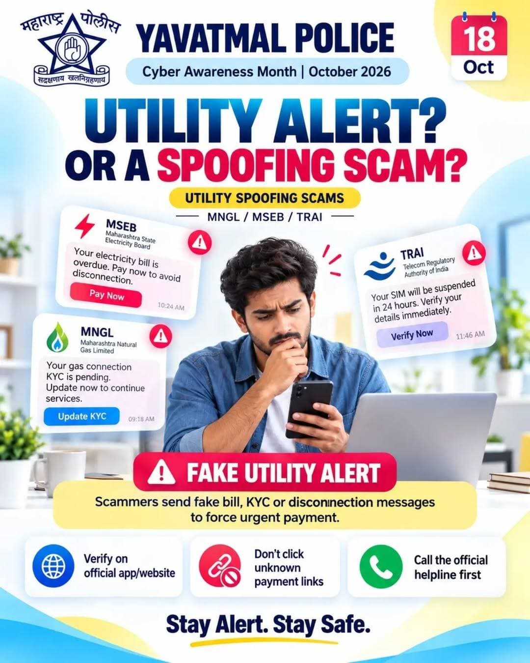 <nis:link nis:type=tag nis:id=yavatmalpolice nis:value=YavatmalPolice nis:enabled=true nis:link/> Stay alert from utility scams, stay alert stay safe.