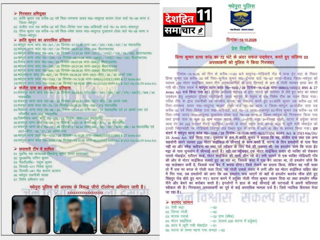 मधेपुरा थाना क्षेत्र अंतर्गत प्रिंस कुमार हत्याकांड का 72 घंटे के अंदर सफल उद्भेदन करते हुए मामले में संलिप्त 03 अपराधकर्मियों को मधेपुरा पुलिस ने गिरफ्तार किया।
Bihar Police
Home Department, Govt. of Bihar
Information & Public Relations Department, Government of Bihar
<nis:link nis:type=tag nis:id=madhepurapolice nis:value=madhepurapolice nis:enabled=true nis:link/>
<nis:link nis:type=tag nis:id=knowyourpolice nis:value=knowyourpolice nis:enabled=true nis:link/>
<nis:link nis:type=tag nis:id=haintaiyarhum nis:value=HainTaiyarHum nis:enabled=true nis:link/>
<nis:link nis:type=tag nis:id=janpolice nis:value=janpolice nis:enabled=true nis:link/>
<nis:link nis:type=tag nis:id=police nis:value=police nis:enabled=true nis:link/>
<nis:link nis:type=tag nis:id=madhepurabihar nis:value=madhepurabihar nis:enabled=true nis:link/> <nis:link nis:type=tag nis:id=princemurdercase nis:value=princemurdercase nis:enabled=true nis:link/> <nis:link nis:type=tag nis:id=madhepuracrime nis:value=MadhepuraCrime nis:enabled=true nis:link/> <nis:link nis:type=tag nis:id=madhepuranews nis:value=MadhepuraNews nis:enabled=true nis:link/> <nis:link nis:type=tag nis:id=madhepurapolice nis:value=madhepurapolice nis:enabled=true nis:link/> <nis:link nis:type=tag nis:id=madhepura nis:value=madhepura nis:enabled=true nis:link/> <nis:link nis:type=tag nis:id=breakingnews nis:value=BreakingNews nis:enabled=true nis:link/> <nis:link nis:type=tag nis:id=biharnews nis:value=BiharNews nis:enabled=true nis:link/> <nis:link nis:type=tag nis:id=biharpolice nis:value=BiharPolice nis:enabled=true nis:link/> <nis:link nis:type=tag nis:id=followerseveryone nis:value=followerseveryone nis:enabled=true nis:link/> <nis:link nis:type=tag nis:id=smack nis:value=smack nis:enabled=true nis:link/> @highlight