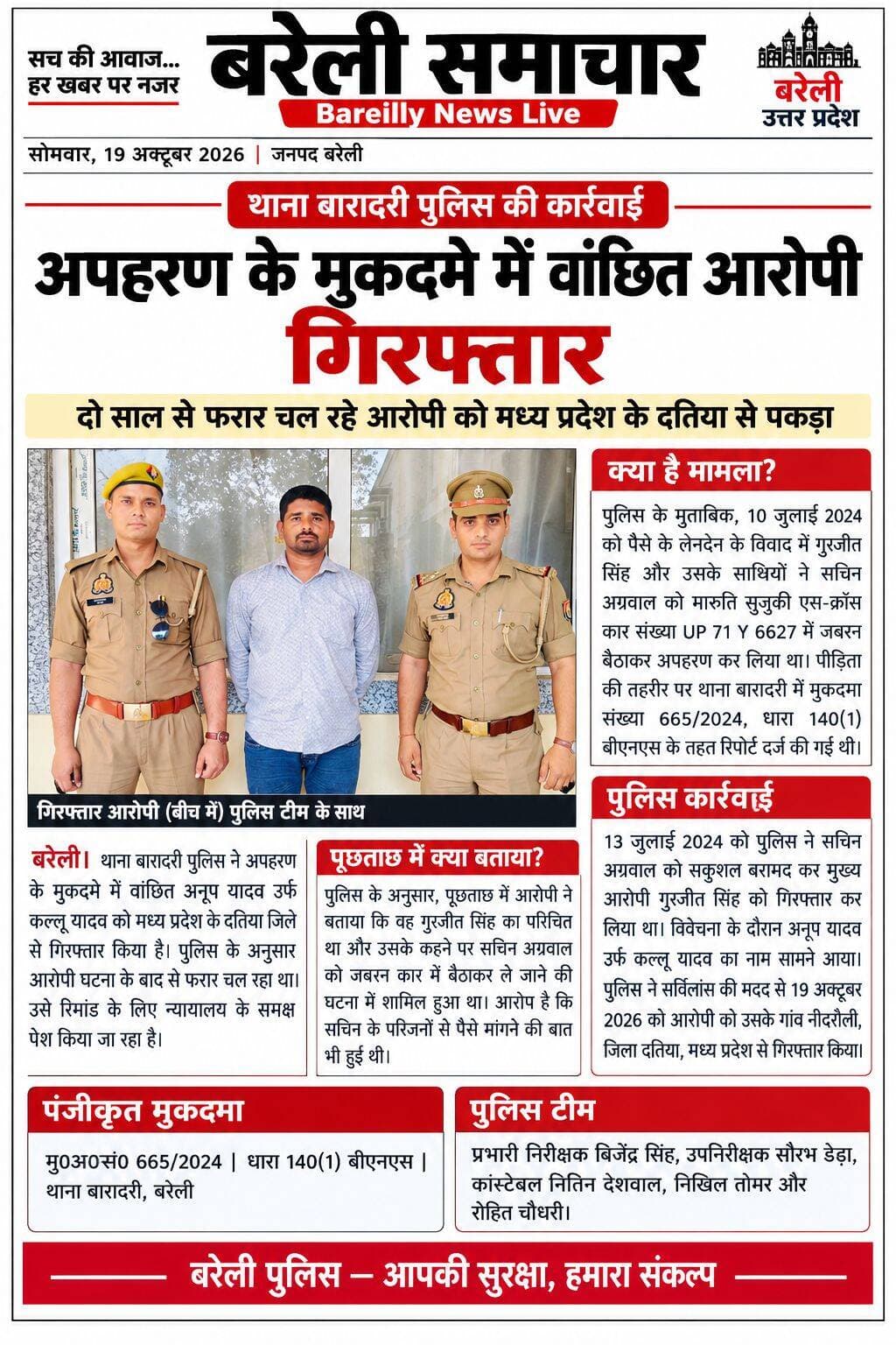 अपहरण के मुकदमे में दो साल से फरार आरोपी गिरफ्तार
बरेली। थाना बारादरी पुलिस ने अपहरण के मुकदमे में वांछित आरोपी अनूप यादव उर्फ कल्लू यादव को मध्य प्रदेश के दतिया जिले से गिरफ्तार किया है। आरोपी घटना के बाद से फरार चल रहा था। पुलिस उसे रिमांड के लिए न्यायालय के समक्ष पेश कर रही है।
पुलिस के मुताबिक, 10 जुलाई 2024 को पैसे के लेनदेन के विवाद में गुरजीत सिंह और उसके साथियों ने सचिन अग्रवाल को मारुति सुजुकी एस-क्रॉस कार में जबरन बैठाकर अपहरण कर लिया था। मामले में पीड़िता की तहरीर पर थाना बारादरी में मुकदमा संख्या 665/2024, धारा 140(1) बीएनएस के तहत रिपोर्ट दर्ज की गई थी।
पुलिस ने 13 जुलाई 2024 को अपहृत सचिन अग्रवाल को सकुशल बरामद कर मुख्य आरोपी गुरजीत सिंह को गिरफ्तार कर लिया था। विवेचना के दौरान अनूप यादव उर्फ कल्लू यादव का नाम सामने आया, जिसके बाद से पुलिस उसकी तलाश कर रही थी।
पुलिस के अनुसार, सर्विलांस की मदद से 19 अक्टूबर 2026 को आरोपी को उसके गांव नीदरौली, जिला दतिया, मध्य प्रदेश से गिरफ्तार किया गया। पूछताछ में आरोपी ने बताया कि वह गुरजीत सिंह के कहने पर सचिन अग्रवाल को जबरन कार में बैठाकर ले जाने की घटना में शामिल हुआ था। आरोप है कि सचिन के परिजनों से पैसे मांगने की बात भी हुई थी।
पुलिस टीम: प्रभारी निरीक्षक बिजेंद्र सिंह, उपनिरीक्षक सौरभ डेढ़ा, कांस्टेबल नितिन देशवाल, निखिल तोमर और रोहित चौधरी शामिल रहे।
<nis:link nis:type=tag nis:id=bareilly nis:value=Bareilly nis:enabled=true nis:link/> <nis:link nis:type=tag nis:id=news nis:value=news nis:enabled=true nis:link/> <nis:link nis:type=tag nis:id=live nis:value=live nis:enabled=true nis:link/>