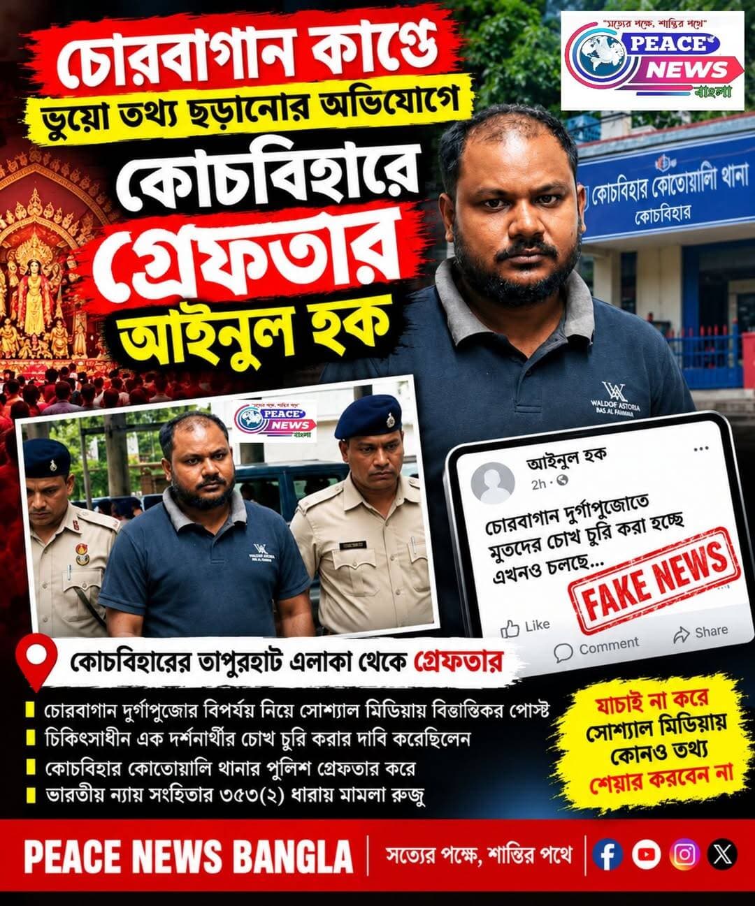 চোরবাগান কাণ্ডে ভুয়ো তথ্য ছড়ানোর অভিযোগ! কোচবিহার থেকে গ্রেফতার আইনুল হক