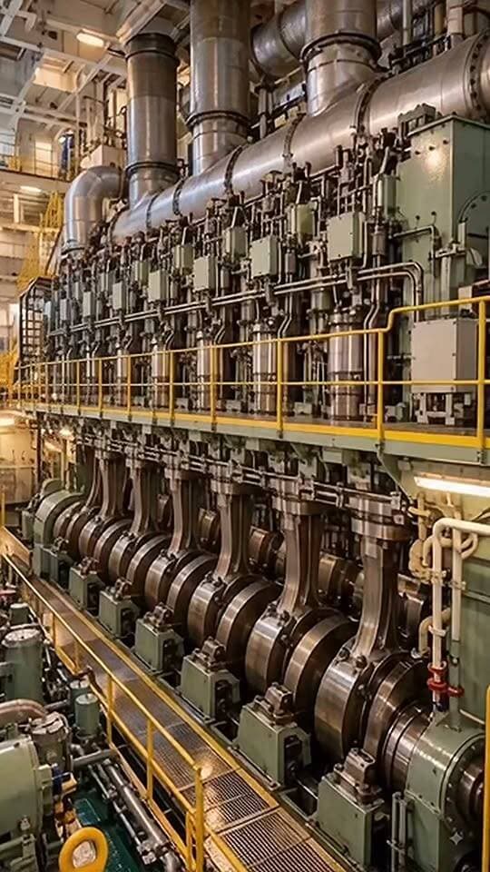 Look at the scale of this giant diesel engine! It is responsible for driving enormous cargo ships and keeping global trade moving. Drop a comment if you love seeing heavy machinery in action. #DieselEngine #Maritime #Industrial
