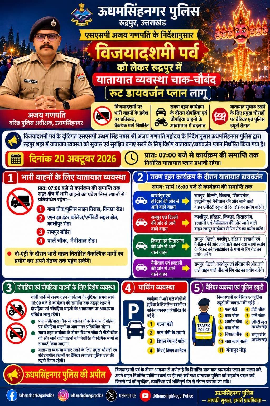 उधम सिंह नगर जिले में आज कुछ ऐसा रहेगा ट्रैफिक प्लान..
Udham Singh Nagar Police Uttarakhand Rudrapur online RUDRAPUR CITY