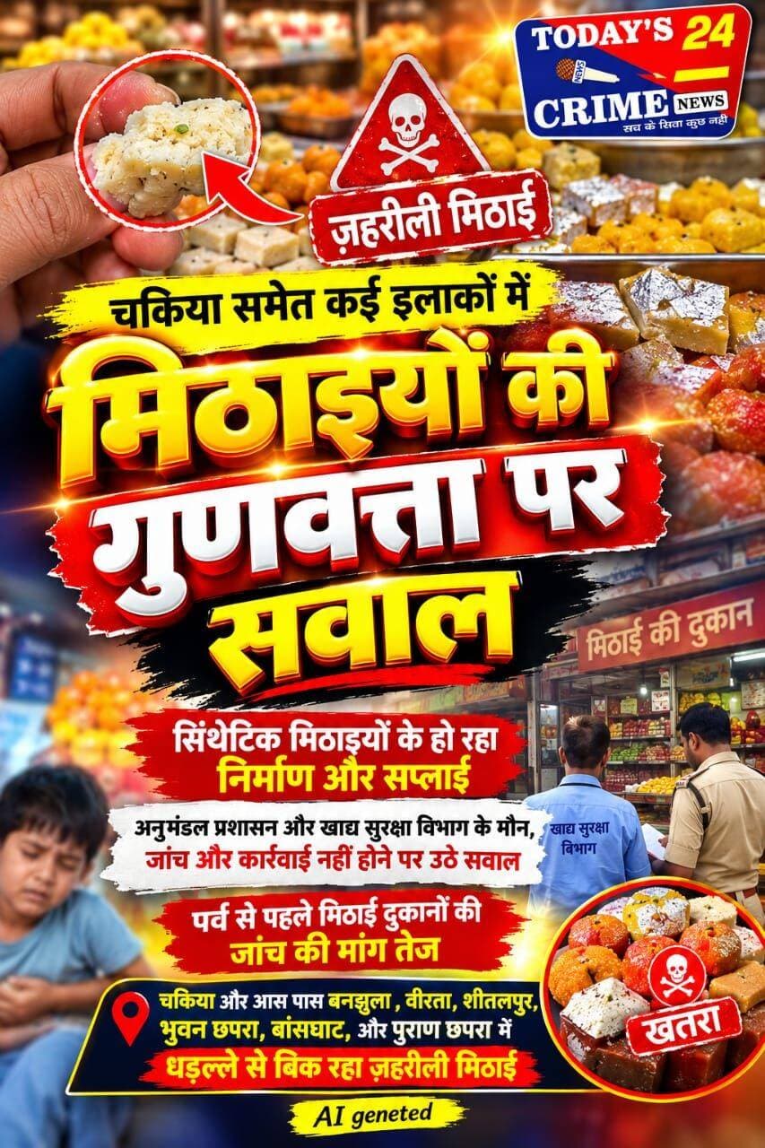 चकिया समेत कई इलाकों में मिठाइयों की गुणवत्ता पर सवाल
सिंथेटिक मिठाइयों के हो रहा निर्माण और सप्लाई
अनुमंडल प्रशासन और खाद्य सुरक्षा विभाग के मौन, जांच और कार्रवाई नहीं होने पर उठे सवाल
पर्व से पहले मिठाई दुकानों की जांच की मांग तेज
चकिया और आस पास बनझुला , वीरता,शीतलपुर, भुवन छपरा, बांसघाट, और पुराण छपरा में धड़ल्ले से बिक रहा ज़हरीली मिठाई