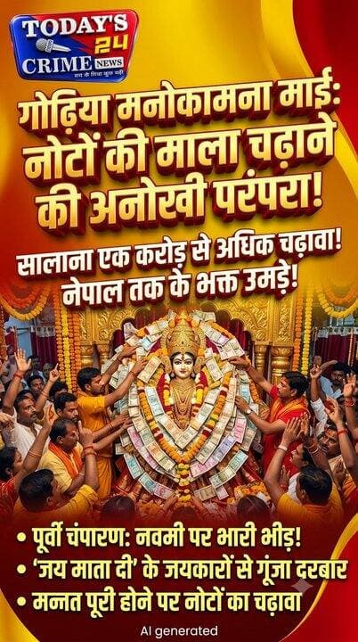 गोढ़िया मनोकामना माई मंदिर की अनोखी परंपरा बनी चर्चा का विषय!.....मन्नत पूरी होने पर माता को नोटों की माला चढ़ाते हैं श्रद्धालु!....नेपाल समेत कई राज्यों से माता के दरबार में पहुंचते हैं भक्त!.....नवमी पर गोढ़िया मनोकामना माई मंदिर में उमड़ा श्रद्धालुओं का सैलाब!.....‘जय माता दी’ के जयकारों से गूंजा माता का दरबार!....मंदिर में हर साल एक करोड़ रुपये से अधिक चढ़ावे का दावा!....पूर्वी चंपारण के चिरैया प्रखंड में स्थित है प्रसिद्ध मनोकामना माई मंदिर!....नोटों की माला चढ़ाने की परंपरा ने मंदिर को दिलाई अलग पहचान.........!!!!!!!
#BiharNews #MotihariNews #EastChamparan #ManokamnaMaiMandir #Todays24CrimeNews