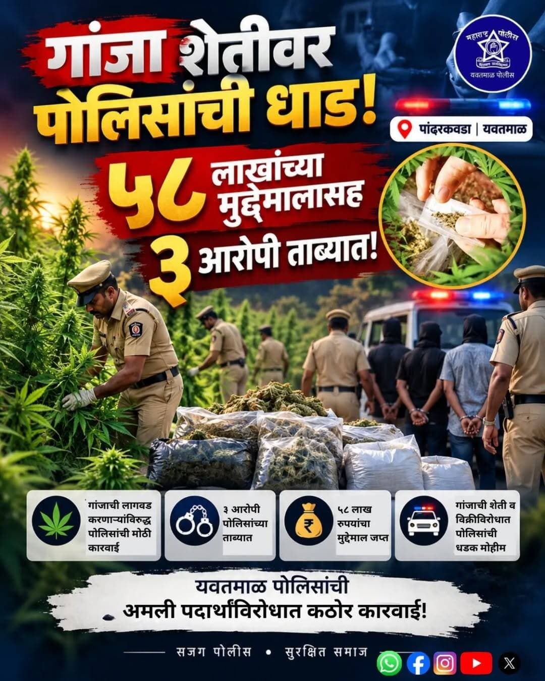 यवतमाळ जिल्हा पोलीस दल
अमली पदार्थ विरोधात कठोर.!!
कारवाई गांजा शेतीवर पोलिसांची धाड..!!
@cmomaharashtra
महाराष्ट्र पोलीस | Maharashtra Police
HMO Maharashtra
<nis:link nis:type=tag nis:id=yavatmalpolice nis:value=yavatmalpolice nis:enabled=true nis:link/>
<nis:link nis:type=tag nis:id=police nis:value=police nis:enabled=true nis:link/>
<nis:link nis:type=tag nis:id=yavatmal nis:value=Yavatmal nis:enabled=true nis:link/> !