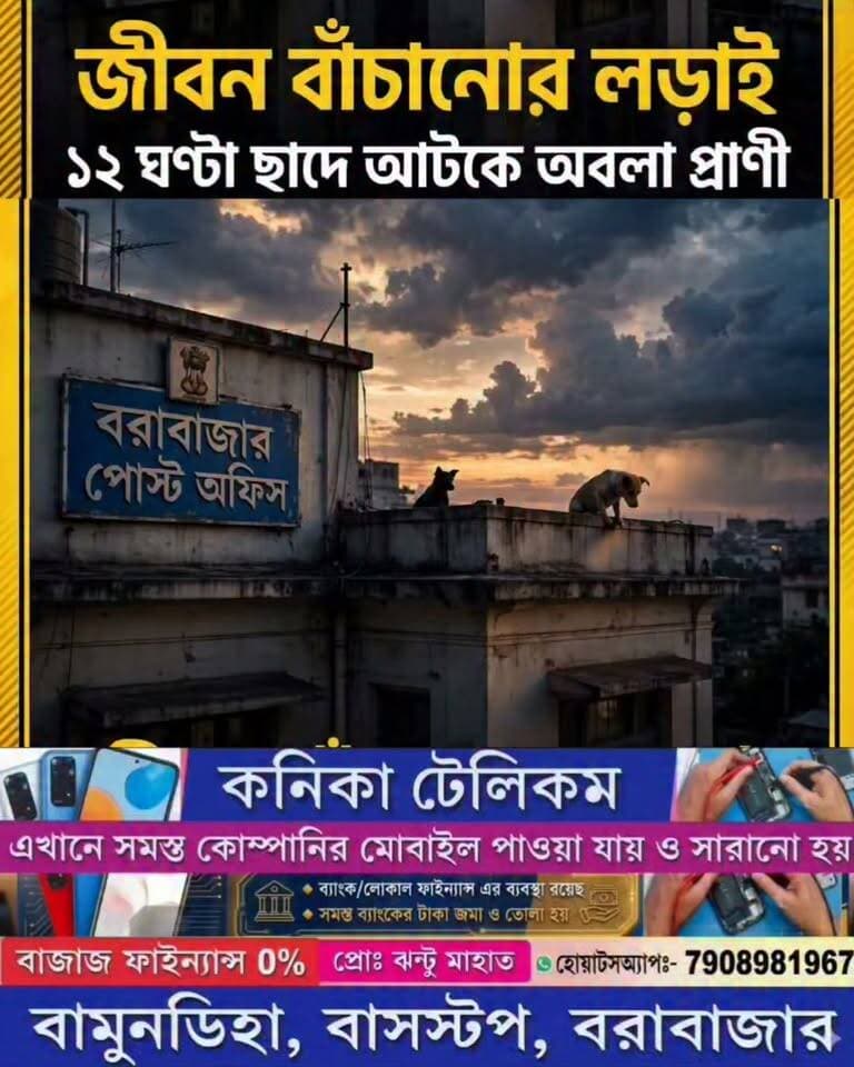 *জীবন বাঁচানোর মরণঝাঁপ! ১২ ঘণ্টা ছাদে আটকে অবলা প্রাণী, শেষমেশ... ।
Barabazar News/বরাবাজার নিউজ
