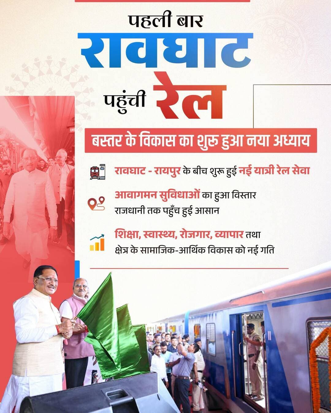 रावघाट तक पहुँची रेल, बस्तर के उज्ज्वल भविष्य की नई राह
रायपुर से रावघाट तक यात्री रेल सेवा की शुरुआत बस्तर के विकास, बेहतर कनेक्टिविटी और नई संभावनाओं की दिशा में एक महत्वपूर्ण कदम है। पहली बार रावघाट पहुँची रेल अब राजधानी तक पहुँच को आसान बनाएगी और क्षेत्र के विकास को नई गति प्रदान करेगी।
यह नई रेल सेवा शिक्षा, स्वास्थ्य, रोजगार और व्यापार के अवसरों का विस्तार करने के साथ बस्तर के सामाजिक-आर्थिक विकास को भी सशक्त बनाएगी।
<nis:link nis:type=tag nis:id=raipurrawghatrail nis:value=RaipurRawghatRail nis:enabled=true nis:link/> <nis:link nis:type=tag nis:id=bastarvikas nis:value=BastarVikas nis:enabled=true nis:link/> <nis:link nis:type=tag nis:id=chhattisgarh nis:value=Chhattisgarh nis:enabled=true nis:link/> <nis:link nis:type=tag nis:id=railconnectivity nis:value=RailConnectivity nis:enabled=true nis:link/> <nis:link nis:type=tag nis:id=railinfra4chhattisgarh nis:value=RailInfra4Chhattisgarh nis:enabled=true nis:link/>