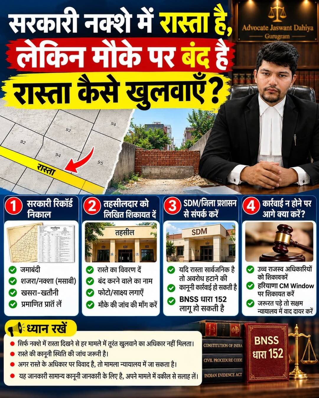 सरकारी नक्शे में रास्ता है, लेकिन मौके पर बंद है—अब क्या करें?
अगर सरकारी नक्शे में रास्ता दर्ज है, लेकिन किसी ने उस पर दीवार बनाकर या कब्जा करके रास्ता बंद कर दिया है, तो घबराएँ नहीं। ⚖️
✅ सबसे पहले जमाबंदी और सरकारी नक्शे की प्रमाणित प्रति लें।
✅ तहसीलदार को लिखित शिकायत देकर मौके की जाँच की माँग करें।
✅ जरूरत पड़ने पर SDM या जिला प्रशासन से संपर्क करें।
✅ सार्वजनिक रास्ते के मामले में परिस्थितियों के अनुसार BNSS की धारा 152 के तहत कार्रवाई संभव हो सकती है।
✅ यदि रास्ते के अधिकार पर विवाद है, तो सक्षम न्यायालय का सहारा लेना पड़ सकता है।
⚠️ ध्यान दें: केवल सरकारी नक्शे में रास्ता दर्ज होने से हर मामले में रास्ता अपने आप नहीं खुल जाता। सही कानूनी प्रक्रिया रास्ते की स्थिति और उपलब्ध राजस्व रिकॉर्ड पर निर्भर करती है।
📌 इस जानकारी को शेयर करें, ताकि लोगों को अपने कानूनी अधिकारों की जानकारी मिल सके।
Advocate Jaswant Dahiya | Gurugram
यह पोस्ट सामान्य कानूनी जागरूकता के लिए है। व्यक्तिगत मामले में दस्तावेजों की जाँच के बाद कानूनी सलाह लें।
<nis:link nis:type=tag nis:id=legalawareness nis:value=LegalAwareness nis:enabled=true nis:link/> <nis:link nis:type=tag nis:id=landdispute nis:value=LandDispute nis:enabled=true nis:link/> <nis:link nis:type=tag nis:id=propertylaw nis:value=PropertyLaw nis:enabled=true nis:link/> <nis:link nis:type=tag nis:id=haryana nis:value=Haryana nis:enabled=true nis:link/> <nis:link nis:type=tag nis:id=advocatejaswantdahiya nis:value=AdvocateJaswantDahiya nis:enabled=true nis:link/>