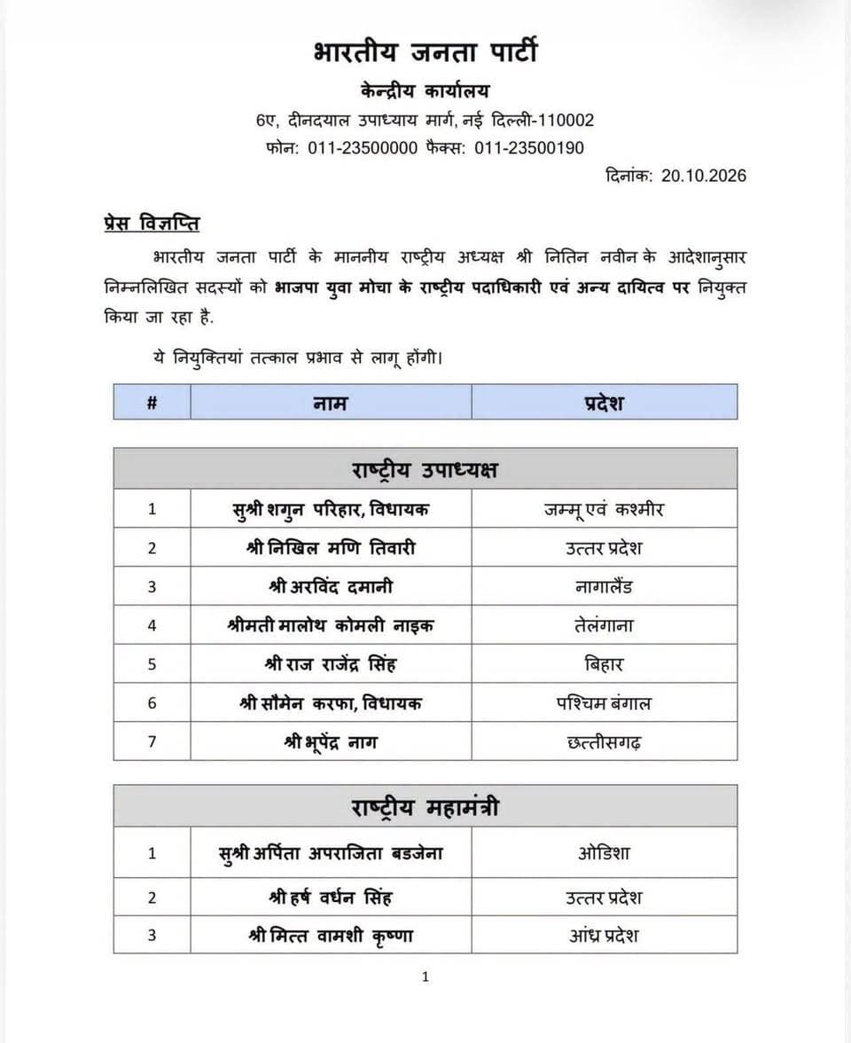 🔥 भाजपा युवा मोर्चा की राष्ट्रीय पदाधिकारी एवं अन्य दायित्व की सूची में मध्य प्रदेश से इकलौता एक नाम वह भी देवास का... आशीष झाला...
#Dewas #BJUM #MadhyaPradesh #TimesMP