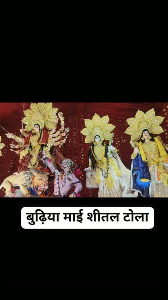 आरा के बस स्टैंड रोड शीतल टोला बुढ़िया माई के समीप मित्र कला मंदिर न्यू शीतल टोला दुर्गा पूजा के मौत के पर भव्य दुर्गा पूजा पंडाल स्थापित स्थानीय युवाओं ने बढ़ चढ़कर हिस्सा लिया