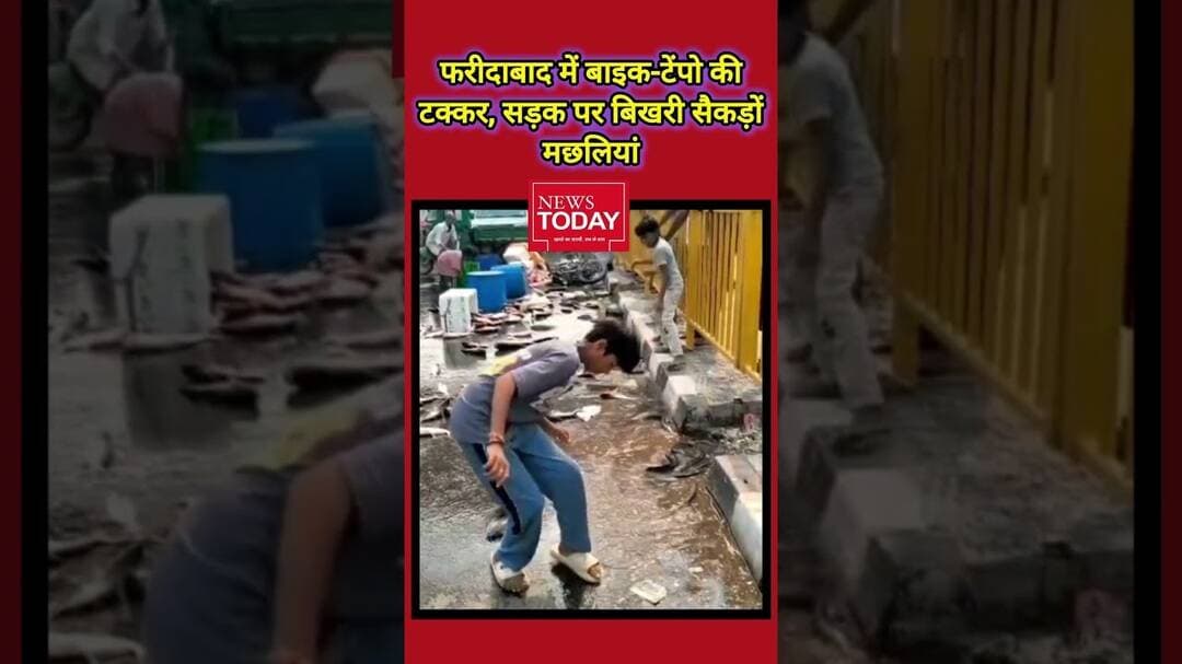 फरीदाबाद में बाइक-टेंपो की टक्कर, सड़क पर बिखरी सैकड़ों मछलियां#newstodayhry