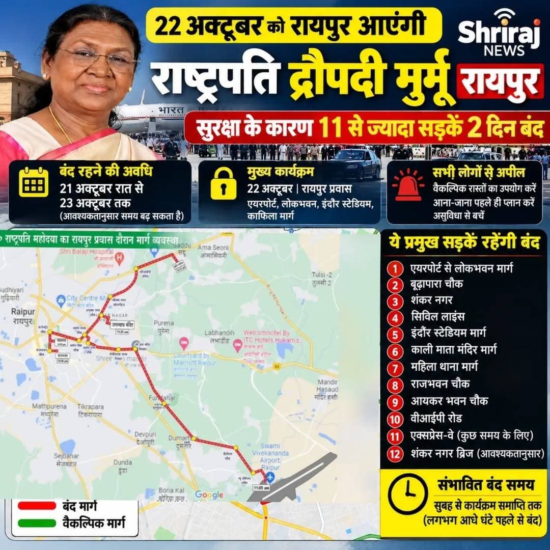 ЁЯЗоЁЯЗ│ SHRIRAJ NEWS | рдЫрддреНрддреАрд╕рдЧрдврд╝
ЁЯЪи 22 рдЕрдХреНрдЯреВрдмрд░ рдХреЛ рд░рд╛рдпрдкреБрд░ рдЖрдПрдВрдЧреА рд░рд╛рд╖реНрдЯреНрд░рдкрддрд┐ рджреНрд░реМрдкрджреА рдореБрд░реНрдореВ
рд╕реБрд░рдХреНрд╖рд╛ рдХреЗ рдорджреНрджреЗрдирдЬрд░ 11 рд╕реЗ рдЬреНрдпрд╛рджрд╛ рд╕рдбрд╝рдХреЛрдВ рдкрд░ рдЖрд╡рд╛рдЧрдорди рд░рд╣реЗрдЧрд╛ рдкреНрд░рднрд╛рд╡рд┐рдд!
рд░рд╛рд╖реНрдЯреНрд░рдкрддрд┐ рджреНрд░реМрдкрджреА рдореБрд░реНрдореВ рдХреЗ рд░рд╛рдпрдкреБрд░ рдкреНрд░рд╡рд╛рд╕ рдХреЗ рджреМрд░рд╛рди рд╕реБрд░рдХреНрд╖рд╛ рд╡реНрдпрд╡рд╕реНрдерд╛ рдХреЛ рджреЗрдЦрддреЗ рд╣реБрдП рд░рд╛рдЬрдзрд╛рдиреА рдХреА рдХрдИ рдкреНрд░рдореБрдЦ рд╕рдбрд╝рдХреЛрдВ рдкрд░ рдпрд╛рддрд╛рдпрд╛рдд рдкреНрд░рддрд┐рдмрдВрдзрд┐рдд рд░рд╣реЗрдЧрд╛ред рд▓реЛрдХрднрд╡рди рдХреЗ рдЖрд╕рдкрд╛рд╕ рдмреИрд░рд┐рдХреЗрдбрд┐рдВрдЧ рдХреА рдЬрд╛рдПрдЧреА рдФрд░ рдЬрд░реВрд░рдд рдХреЗ рдЕрдиреБрд╕рд╛рд░ рдЯреНрд░реИрдлрд┐рдХ рдбрд╛рдпрд╡рд░реНрдЯ рдХрд┐рдпрд╛ рдЬрд╛рдПрдЧрд╛ред
ЁЯУН рдЗрди рдЗрд▓рд╛рдХреЛрдВ рдореЗрдВ рдпрд╛рддрд╛рдпрд╛рдд рд╣реЛ рд╕рдХрддрд╛ рд╣реИ рдкреНрд░рднрд╛рд╡рд┐рдд:
рд╕реНрд╡рд╛рдореА рд╡рд┐рд╡реЗрдХрд╛рдирдВрдж рдПрдпрд░рдкреЛрд░реНрдЯ рд╕реЗ рд▓реЛрдХрднрд╡рди рдорд╛рд░реНрдЧ
рдмреВрдврд╝рд╛рдкрд╛рд░рд╛ рдЪреМрдХ
рд╢рдВрдХрд░ рдирдЧрд░
рд╕рд┐рд╡рд┐рд▓ рд▓рд╛рдЗрдВрд╕ рд░реЛрдб
рдЗрдВрдбреЛрд░ рд╕реНрдЯреЗрдбрд┐рдпрдо рдорд╛рд░реНрдЧ
рдХрд╛рд▓реА рдорд╛рддрд╛ рдордВрджрд┐рд░ рдорд╛рд░реНрдЧ
рдорд╣рд┐рд▓рд╛ рдерд╛рдирд╛ рдорд╛рд░реНрдЧ
рд░рд╛рдЬрднрд╡рди рдЪреМрдХ
рдЖрдпрдХрд░ рднрд╡рди рдЪреМрдХ
рд╡реАрдЖрдИрдкреА рд░реЛрдб
рдПрдХреНрд╕рдкреНрд░реЗрд╕-рд╡реЗ рдХреЗ рдХреБрдЫ рд╣рд┐рд╕реНрд╕реЗ
рд╢рдВрдХрд░ рдирдЧрд░ рдмреНрд░рд┐рдЬ
ЁЯЪж рдХрд┐рди рд▓реЛрдЧреЛрдВ рдХреЛ рд╣реЛрдЧреА рдкрд░реЗрд╢рд╛рдиреА?
рд░рд╛рд╖реНрдЯреНрд░рдкрддрд┐ рдХреЗ рдХрд╛рдлрд┐рд▓реЗ рдХреЗ рдЧреБрдЬрд░рдиреЗ рдХреЗ рджреМрд░рд╛рди рдкреНрд░рдореБрдЦ рдорд╛рд░реНрдЧреЛрдВ рдкрд░ рдпрд╛рддрд╛рдпрд╛рдд рдЕрд╕реНрдерд╛рдпреА рд░реВрдк рд╕реЗ рд░реЛрдХрд╛ рдЬрд╛ рд╕рдХрддрд╛ рд╣реИред рд╢рдВрдХрд░ рдирдЧрд░, рд╕рд┐рд╡рд┐рд▓ рд▓рд╛рдЗрдВрд╕ рдФрд░ рдмреВрдврд╝рд╛рдкрд╛рд░рд╛ рдХреНрд╖реЗрддреНрд░ рдореЗрдВ рдЬрд╛рдо рдХреА рд╕реНрдерд┐рддрд┐ рдмрдирдиреЗ рдХреА рдЖрд╢рдВрдХрд╛ рд╣реИред
тЪая╕П рд╡рд╛рд╣рди рдЪрд╛рд▓рдХреЛрдВ рдХреЗ рд▓рд┐рдП рдЬрд░реВрд░реА рд╕реВрдЪрдирд╛
ЁЯФ╣ рдШрд░ рд╕реЗ рдирд┐рдХрд▓рдиреЗ рд╕реЗ рдкрд╣рд▓реЗ рдЕрдкрдиреЗ рдорд╛рд░реНрдЧ рдХреА рдЬрд╛рдирдХрд╛рд░реА рд▓реЗрдВред
ЁЯФ╣ рд╡реИрдХрд▓реНрдкрд┐рдХ рд░рд╛рд╕реНрддреЛрдВ рдХрд╛ рдЙрдкрдпреЛрдЧ рдХрд░реЗрдВред
ЁЯФ╣ рдПрдпрд░рдкреЛрд░реНрдЯ рдЬрд╛рдиреЗ рд╡рд╛рд▓реЗ рдпрд╛рддреНрд░реА рдЕрддрд┐рд░рд┐рдХреНрдд рд╕рдордп рд▓реЗрдХрд░ рдирд┐рдХрд▓реЗрдВред
ЁЯФ╣ рдпрд╛рддрд╛рдпрд╛рдд рдкреБрд▓рд┐рд╕ рдХреЗ рдирд┐рд░реНрджреЗрд╢реЛрдВ рдХрд╛ рдкрд╛рд▓рди рдХрд░реЗрдВред
ЁЯУв рдЕрдкреАрд▓: рд░рд╛рдпрдкреБрд░рд╡рд╛рд╕реА рдпрд╛рддреНрд░рд╛ рдХреА рдпреЛрдЬрдирд╛ рдкрд╣рд▓реЗ рд╕реЗ рдмрдирд╛рдПрдВ, рддрд╛рдХрд┐ рдЬрд╛рдо рдФрд░ рдЕрд╕реБрд╡рд┐рдзрд╛ рд╕реЗ рдмрдЪ рд╕рдХреЗрдВред
ЁЯФ┤ SHRIRAJ NEWS
рдЫрддреНрддреАрд╕рдЧрдврд╝ рдХреА рд╣рд░ рдмрдбрд╝реА рдЦрдмрд░, рд╕рдмрд╕реЗ рдкрд╣рд▓реЗ!
<nis:link nis:type=tag nis:id=raipur nis:value=Raipur nis:enabled=true nis:link/> <nis:link nis:type=tag nis:id=droupadimurmu nis:value=DroupadiMurmu nis:enabled=true nis:link/> <nis:link nis:type=tag nis:id=chhattisgarhnews nis:value=ChhattisgarhNews nis:enabled=true nis:link/> <nis:link nis:type=tag nis:id=raipurtraffic nis:value=RaipurTraffic nis:enabled=true nis:link/> <nis:link nis:type=tag nis:id=trafficalert nis:value=TrafficAlert nis:enabled=true nis:link/> рд░рд╛рдпрдкреБрд░ рдЫрддреНрддреАрд╕рдЧрдврд╝ рд░рд╛рд╖реНрдЯреНрд░рдкрддрд┐ ShrirajNews
рдиреЛрдЯ: рдпрд╣ рдЬрд╛рдирдХрд╛рд░реА рдЖрдкрдХреЗ рднреЗрдЬреЗ рдЧрдП рд╕реНрдХреНрд░реАрдирд╢реЙрдЯ рдХреЗ рдЖрдзрд╛рд░ рдкрд░ рддреИрдпрд╛рд░ рдХреА рдЧрдИ рд╣реИред рд╕рдбрд╝рдХреЗрдВ рдмрдВрдж рд╣реЛрдиреЗ рдХрд╛ рд╕рдЯреАрдХ рд╕рдордп рдФрд░ рд╡реИрдХрд▓реНрдкрд┐рдХ рдорд╛рд░реНрдЧ рдЬрд╛рдирдиреЗ рдХреЗ рд▓рд┐рдП рд░рд╛рдпрдкреБрд░ рдпрд╛рддрд╛рдпрд╛рдд рдкреБрд▓рд┐рд╕ рдХреА рдЖрдзрд┐рдХрд╛рд░рд┐рдХ рд╕реВрдЪрдирд╛ рджреЗрдЦреЗрдВред