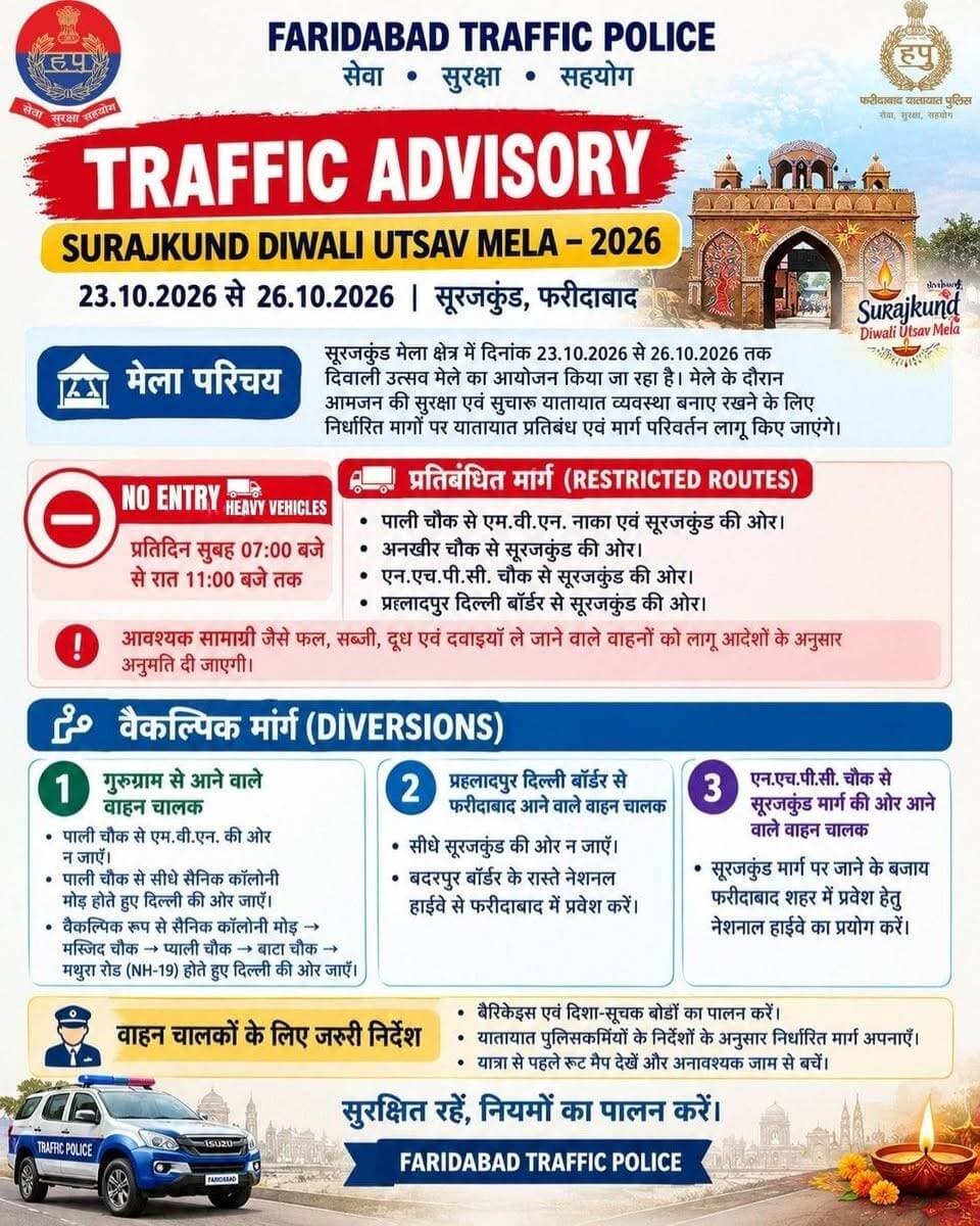 *सूरजकुंड दिवाली मेले को लेकर यातायात पुलिस की एडवाइजरी, पार्किंग के लिए किए गए विशेष इंतजाम*
*23 से 26 अक्टूबर तक आयोजित होगा मेला, भारी वाहनों के लिए निर्धारित मार्गों पर रहेगी नो-एंट्री; आवश्यक सेवाओं से जुड़े वाहनों को नियमानुसार मिलेगी अनुमति*
सूरजकुंड मेला परिसर में 23 से 26 अक्टूबर तक तीसरे सूरजकुंड दिवाली उत्सव मेले का आयोजन किया जाएगा। मेले में लोग दीपावली की खरीदारी के साथ हस्तशिल्प, हथकरघा, घर की सजावट से जुड़ी वस्तुओं और विभिन्न सांस्कृतिक कार्यक्रमों का आनंद ले सकेंगे। मेले में आने वाले लोगों की सुविधा और शहर में यातायात व्यवस्था को सुचारू बनाए रखने के लिए फरीदाबाद यातायात पुलिस ने एडवाइजरी जारी की है।
पुलिस उपायुक्त NIT एवं यातायात उत्तम, IPS के मार्गदर्शन में यातायात व्यवस्था को लेकर आवश्यक प्रबंध किए जा रहे हैं। मेले के दौरान भारी वाहनों की आवाजाही नियंत्रित रखने के लिए निर्धारित मार्गों पर सुबह 7 बजे से रात 11 बजे तक नो-एंट्री लागू रहेगी। यह प्रतिबंध भारी एवं वाणिज्यिक वाहनों के लिए रहेगा। आवश्यक सेवाओं से जुड़े वाहनों को नियमानुसार अनुमति रहेगी।
यातायात पुलिस के अनुसार पाली चौक से MVN नाका और सूरजकुंड की ओर, अनखीर चौक से सूरजकुंड की ओर, NHPC चौक से सूरजकुंड की ओर तथा प्रहलादपुर दिल्ली बॉर्डर से सूरजकुंड गोल चक्कर की ओर भारी वाहनों का प्रवेश प्रतिबंधित रहेगा। भारी वाहन चालकों को सलाह दी गई है कि वे रूट मैप में दर्शाए गए वैकल्पिक मार्गों का प्रयोग करें और प्रतिबंधित मार्गों पर जाने से बचें।
गुरुग्राम और पाली चौक की ओर से दिल्ली जाने वाले भारी वाहन चालक सैनिक कॉलोनी मोड़, मस्जिद चौक, प्याली चौक और बाटा चौक होते हुए मथुरा रोड (NH-19) का प्रयोग कर सकते हैं। वहीं, प्रहलादपुर दिल्ली बॉर्डर से फरीदाबाद आने वाले वाहन सूरजकुंड की ओर जाने के बजाय बदरपुर बॉर्डर से राष्ट्रीय राजमार्ग के रास्ते शहर में प्रवेश करें। NHPC चौक से फरीदाबाद शहर आने वाले वाहन चालकों को भी सूरजकुंड मार्ग के बजाय राष्ट्रीय राजमार्ग का प्रयोग करने की सलाह दी गई है
मेले में आने वाले आगंतुकों की सुविधा के लिए अलग-अलग स्थानों पर पार्किंग निर्धारित की गई है। VVIP पार्किंग धन्तेश्वरी गेट और होटल राजहंस के पास रहेगी। सामान्य पार्किंग के लिए होटल गोल्ड फिंच के सामने चार एकड़ भूमि, होटल ताज विवांता के सामने, होटल ताज विवांता के साथ लगती भूमि तथा सूरजकुंड गोल चक्कर के पास MCF की भूमि निर्धारित की गई है।
फरीदाबाद यातायात पुलिस ने लोगों से अपील की है कि वे अपने वाहन निर्धारित पार्किंग स्थलों पर ही खड़े करें, सड़क पर अनधिकृत पार्किंग न करें और यातायात पुलिसकर्मियों के निर्देशों का पालन करें। दिल्ली और फरीदाबाद के बीच आने-जाने वाले वाहन चालक, संभव हो तो, सूरजकुंड मार्ग से बचते हुए वैकल्पिक रास्तों का इस्तेमाल करें, ताकि मेले में आने वाले लोगों और आम वाहन चालकों को जाम की समस्या का सामना न करना पड़े।