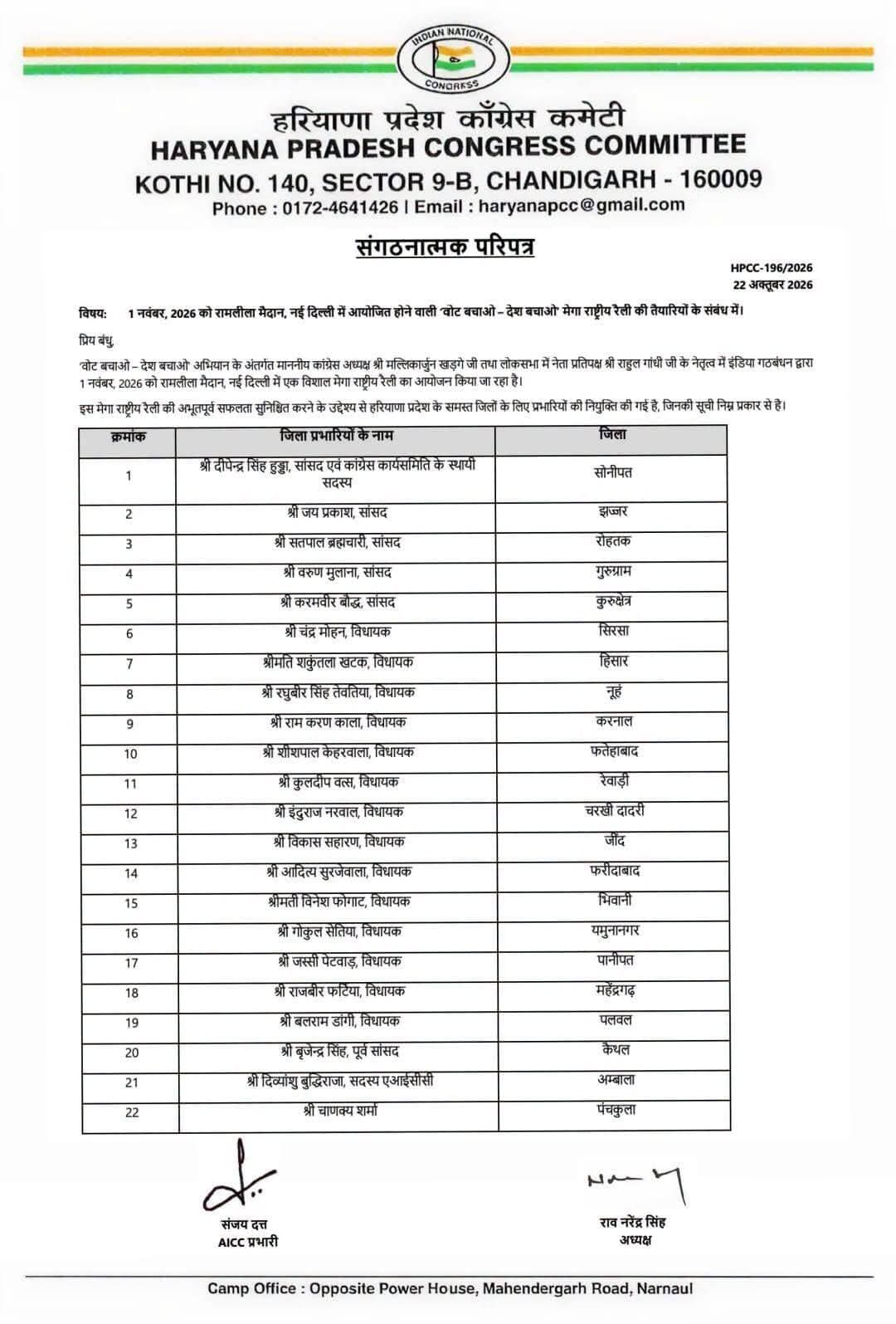 1 नवंबर को दिल्ली में होने वाली इंडिया गठबंधन की 'वोट बचाओ-देश बचाओ' रैली के लिए कांग्रेस ने नियुक्त किये जिला प्रभारी
- सिरसा के विधायक गोकुल सेतिया को मिली यमुनानगर की जिम्मेदारी
- कालांवाली विधायक शीशपाल केहरवाला होंगे फतेहाबाद के प्रभारी
- सिरसा के प्रभारी होंगे विधायक चन्द्रमोहन बिश्नोई