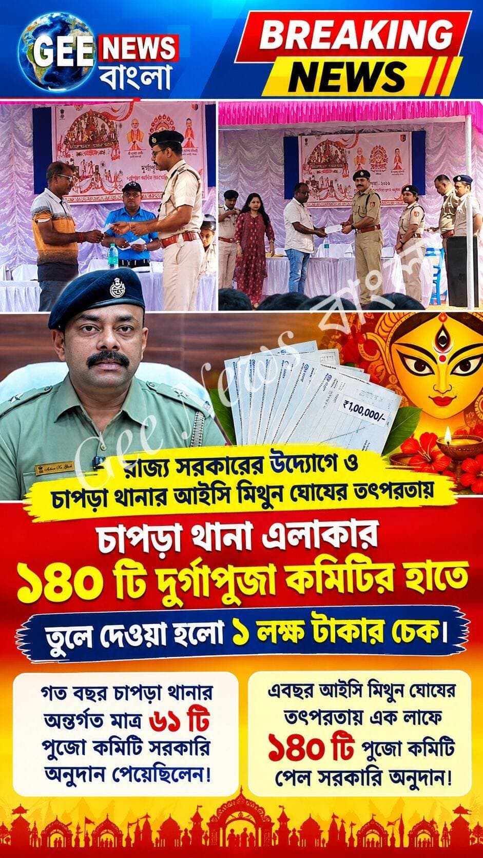 চাপড়া থানার আইসি মিথুন ঘোষের তৎপরতায় ১৪০টি পুজো কমিটি পেল সরকারি অনুদান