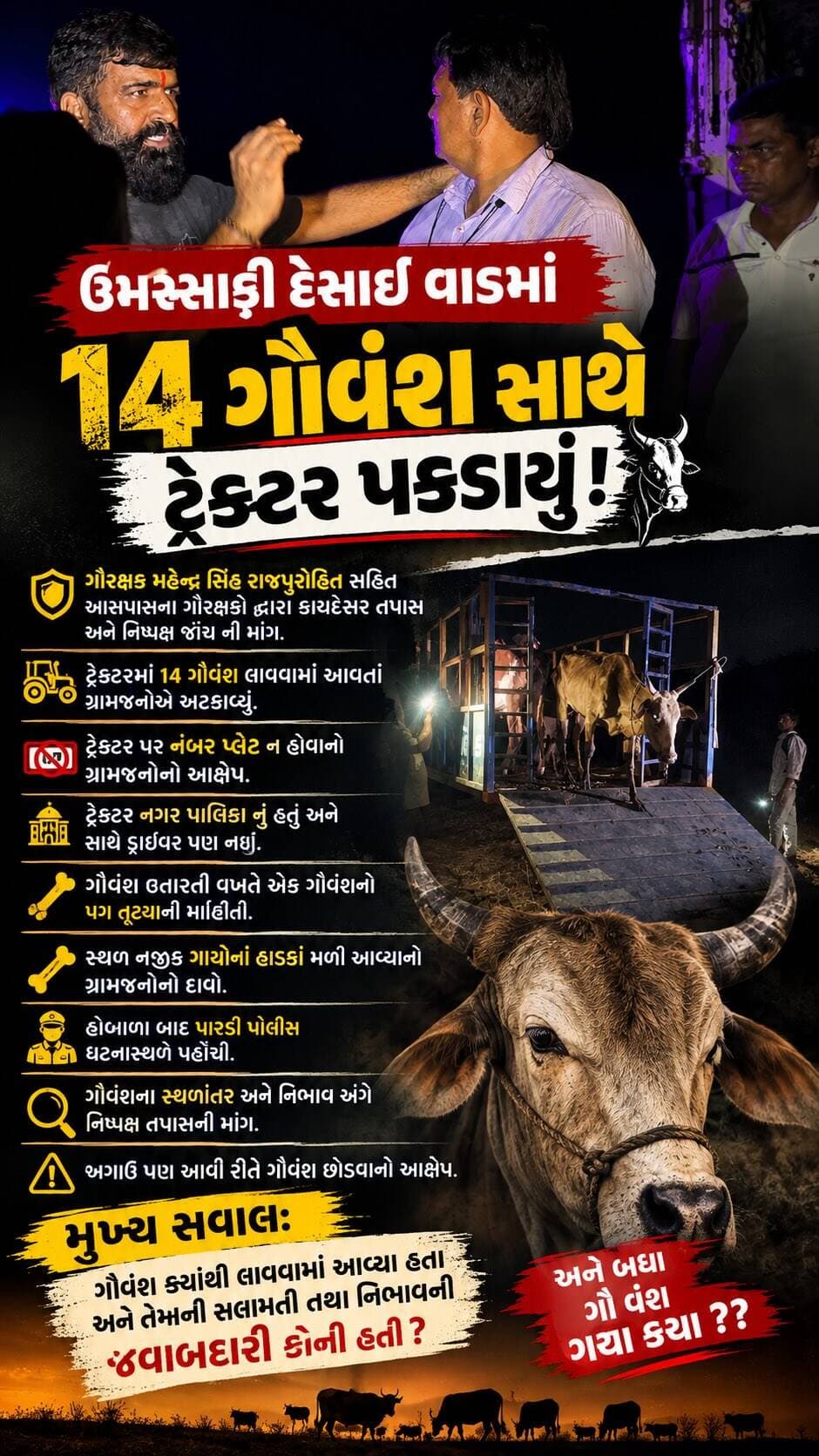 ઉમરસાડી દેસાઈ વાડમાં 14 ગૌવંશ સાથે ટ્રેક્ટર પકડાયું!
• ગૌરક્ષક મહેન્દ્ર સિંહ રાજપુરોહિત સહિત આસ પાસ ના ગૌરક્ષકો દ્વારા કાયદેસર તપાસ અને નિષ્પક્ષ જાંચ ની માંગ
• ટ્રેક્ટરમાં 14 ગૌવંશ લાવવામાં આવતાં ગ્રામજનોએ અટકાવ્યું.
ટ્રેક્ટર પર નંબર પ્લેટ ન હોવાનો ગ્રામજનોનો આક્ષેપ. ટ્રેક્ટર નગર પાલિકા નું હતું અને સાથે ડ્રાઈવર પણ નઈ
• 🐄 ગૌવંશ ઉતારતી વખતે એક ગૌવંશનો પગ તૂટ્યાની માહિતી.
• 🦴 સ્થળ નજીક ગાયોનાં હાડકાં મળી આવ્યાનો ગ્રામજનોનો દાવો.
• 👮 હોબાળા બાદ પારડી પોલીસ ઘટનાસ્થળે પહોંચી.
• 🔍 ગૌવંશના સ્થળાંતર અને નિભાવ અંગે નિષ્પક્ષ તપાસની માંગ. અગાઉ પણ આવી રીતે ગૌવંશ છોડવાનો આક્ષેપ
મુખ્ય સવાલ: ગૌવંશ ક્યાંથી લાવવામાં આવ્યા હતા અને તેમની સલામતી તથા નિભાવની જવાબદારી કોની હતી
અને બધા ગૌ વંશ ગયા કયા ?? સુ આ વિશે નિષ્પક્ષ તપાસ થસે??
ગયો ને ન્યાય મળસે ?
અને ગયો ને પાલન માટે મળતી સરકારી સહાય કોના એકાઉન્ટ માં જાયે અને વિભાગ દ્વારા સુ પગલાં લેવા માં આવસે ??