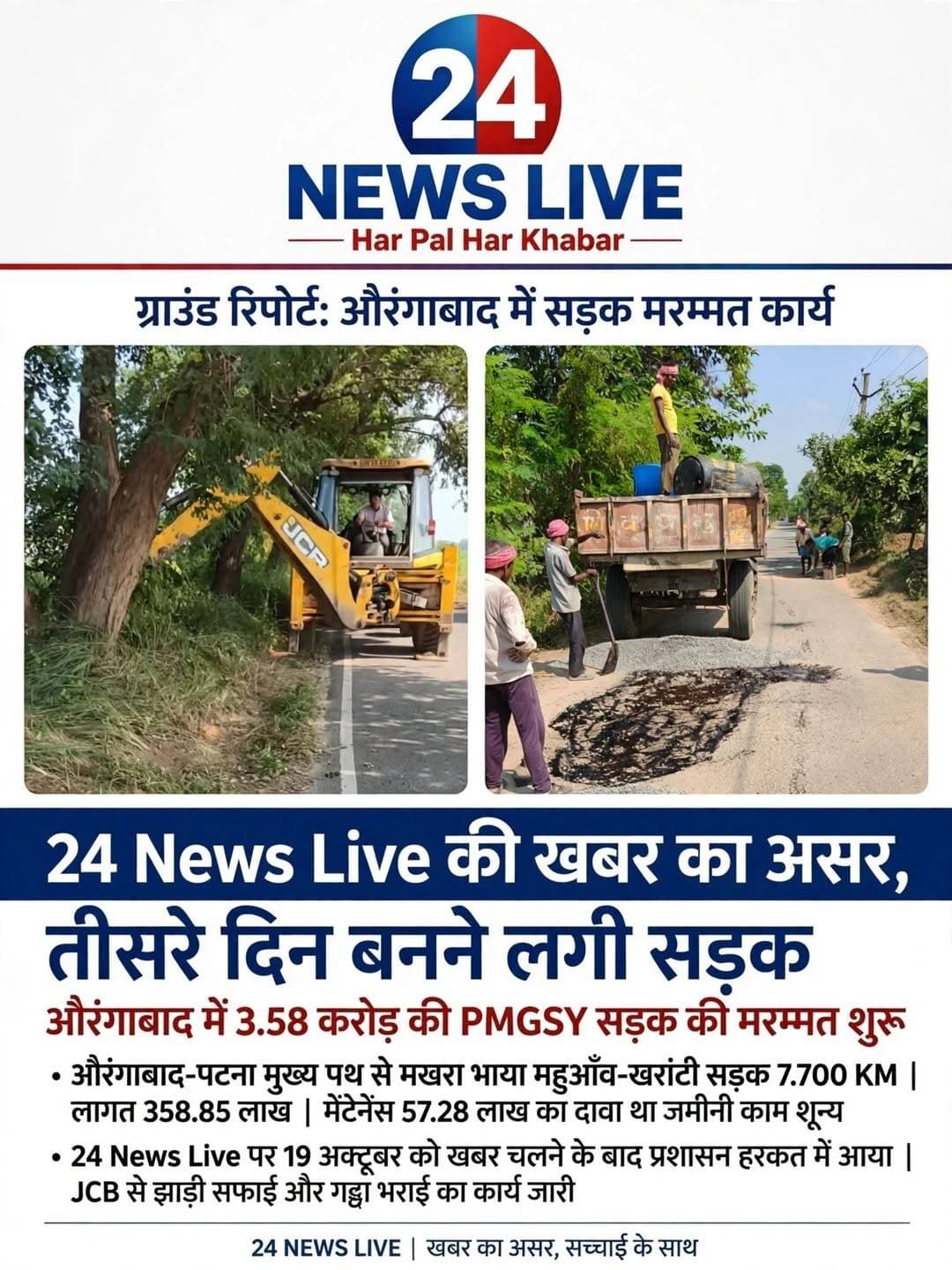 24 News Live की खबर का असर, तीसरे दिन ही बनने लगी 3.58 करोड़ की जर्जर PMGSY सड़क।
औरंगाबाद में 24 News Live की खबर का बड़ा असर हुआ है। PMGSY की 3.58 करोड़ की जर्जर सड़क की खबर दिखाने के तीसरे दिन ही सड़क की मरम्मत शुरू हो गई है। JCB से झाड़ियां साफ की जा रही हैं और मजदूर गड्ढे भर रहे हैं।
औरंगाबाद जिले में प्रधानमंत्री ग्राम सड़क योजना की एक सड़क ने सरकार के विकास के दावों की पोल खोल दी थी। 3.58 करोड़ की लागत से बनी सड़क दो साल में ही जर्जर हो गई थी। बोर्ड पर 57 लाख के मेंटेनेंस का दावा था, लेकिन जमीन पर काम शून्य था।
मामला औरंगाबाद-पटना मुख्य पथ से मखरा भाया महुआँव, खरांटी होते हुए महुआँव तक जाने वाली 7.700 KM लंबी सड़क का है, जिसका निर्माण PMGSY फेज-3 के तहत किया गया था।
स्थानीय ग्रामीणों के अनुसार सड़क का निर्माण 2023 में पूरा हुआ था, लेकिन रख-रखाव के अभाव में जगह-जगह बड़े-बड़े गड्ढे बन गए थे। महुआँव के पास की गई PCC ढलाई का कंक्रीट उखड़ गया था, जिससे आए दिन बाइक सवार हादसे का शिकार हो रहे थे।
*24 News Live की खबर का असर -*
24 News Live ने 19 अक्टूबर 2026 को इस सड़क की बदहाली को प्रमुखता से दिखाया। खबर प्रकाशित होते ही जिला प्रशासन और ग्रामीण कार्य विभाग हरकत में आ गया।
खबर के तीसरे दिन ही संवेदक द्वारा सड़क की मरम्मत शुरू कर दी गई। तस्वीरों में साफ देखा जा सकता है कि JCB मशीन से सड़क किनारे उगी झाड़ियों और घास की सफाई की जा रही है, वहीं ट्रैक्टर और मजदूरों द्वारा गिट्टी और पिच डालकर गड्ढों को भरा जा रहा है।
मरम्मत शुरू होने के बाद स्थानीय ग्रामीणों ने 24 News Live का आभार जताया है और मांग की है कि मेंटेनेंस का काम गुणवत्तापूर्ण तरीके से पूरा कराया जाए ताकि आम लोगों को आवागमन में परेशानी न हो।