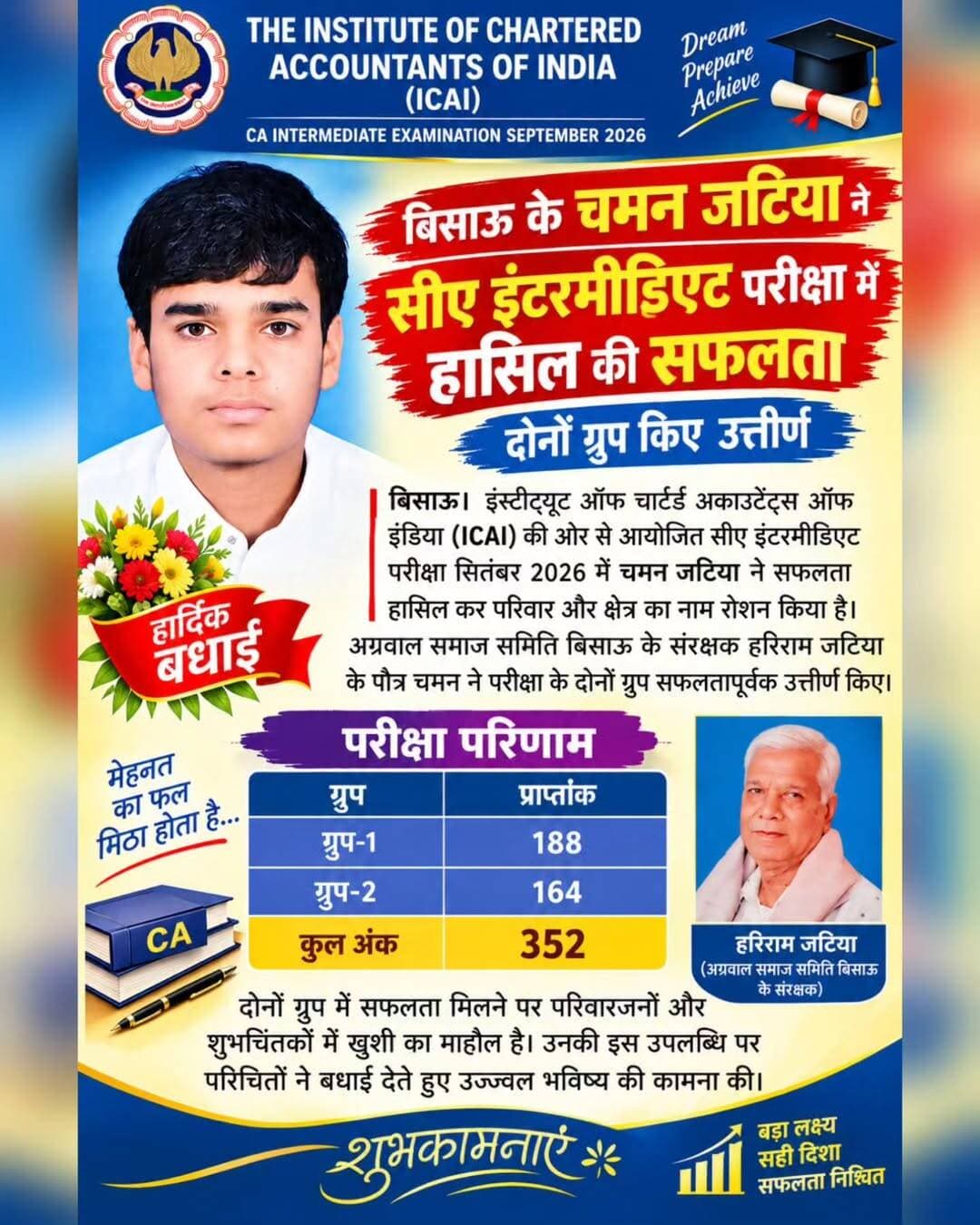 पहले प्रयास में बिसाऊ के चमन जटिया ने सीए इंटरमीडिएट परीक्षा में हासिल की सफलता
<nis:link nis:type=tag nis:id=caexam nis:value=caexam nis:enabled=true nis:link/> <nis:link nis:type=tag nis:id=bissau nis:value=bissau nis:enabled=true nis:link/> <nis:link nis:type=tag nis:id=tharkiawaazajay nis:value=tharkiawaazajay nis:enabled=true nis:link/> <nis:link nis:type=tag nis:id=agarwal nis:value=agarwal nis:enabled=true nis:link/> <nis:link nis:type=tag nis:id=caintermediate nis:value=caintermediate nis:enabled=true nis:link/>