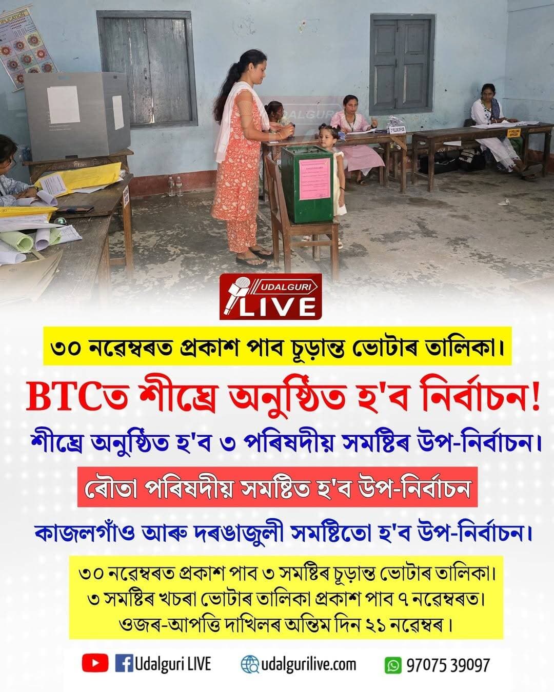 BTCত শীঘ্ৰে অনুষ্ঠিত হ'ব নিৰ্বাচন। ৩ পৰিষদীয় সমষ্টিত হ'ব উপ-নিৰ্বাচন। কাজলগাঁও, দৰঙাজুলী আৰু ৰৌতা পৰিষদীয় সমষ্টিত হ'ব উপ নিৰ্বাচন। ইয়াৰ বাবে ৩০ নৱেম্বৰত প্ৰকাশ পাব ৩ সমষ্টিৰ চূড়ান্ত ভোটাৰ তালিকা। ৩ সমষ্টিৰ খচৰা ভোটাৰ তালিকা প্ৰকাশ পাব ৭ নৱেম্বৰত। ওজৰ-আপত্তি দাখিলৰ অন্তিম দিন ২১ নৱেম্বৰ ।