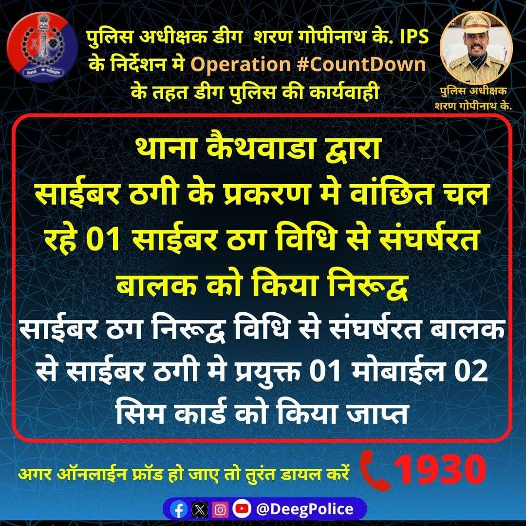 पुलिस अधीक्षक डीग शरण गोपीनाथ के. IPS के निर्देशन मे Operation <nis:link nis:type=tag nis:id=countdown nis:value=CountDown nis:enabled=true nis:link/> के तहत डीग पुलिस की कार्यवाही
साईबर ठगी के प्रकरण मे वांछित चल रहे 01 साईबर ठग विधि से संघर्षरत बालक को किया निरूद्व
कब्जे से 1 मोबाईल 2 सिम कार्ड जाप्त
<nis:link nis:type=tag nis:id=rajasthanpolice nis:value=RajasthanPolice nis:enabled=true nis:link/> <nis:link nis:type=tag nis:id=deegpolice nis:value=DeegPolice nis:enabled=true nis:link/>
Rajasthan Police