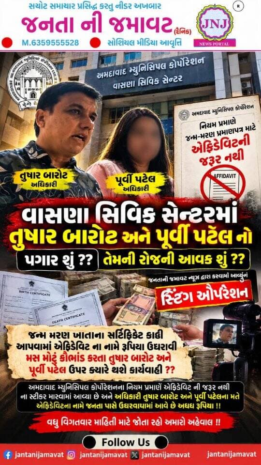અમદાવાદ મ્યુનિસિપલ કોર્પોરેશન ના વાસણા સિવિક સેન્ટરમાં અધિકારી તુષાર બારોટ અને પૂર્વી પટેલ નો પગાર શું ?? અને તેમની રોજની આવક શું ??
જન્મ મરણ ખાતાના સર્ટિફિકેટ કાઢી આપવામાં એફિડેવિટ ના નામે રૂપિયા ઉઘરાવી મસ મોટું કૌભાંડ કરતા તુષાર બારોટ અને પૂર્વી પટેલ ઉપર ક્યારે થશે કાર્યવાહી ??
જનતાની જમાવટ ન્યૂઝ દ્વારા કરવામાં આવ્યું સ્ટિંગ ઓપરેશન !!
અમદાવાદ મ્યુનિસિપલ કોર્પોરેશનના નિયમ પ્રમાણે એફિડેવિટ ની જરૂર નથી ના સ્ટીકર મારવામાં આવ્યા છે અને અધિકારી તુષાર બારોટ અને પૂર્વી પટેલના મતે એફિડેવિટના નામે જનતા પાસે ઉઘરાવવા માં આવે છે અધધ રૂપિયા !!
વધુ વિગતવાર માહિતી માટે જોતા રહો અમારો અહેવાલ !!
#gujaratinews #viralvideo #ahmedabad #vasna @bjpvasnawardkarnavati