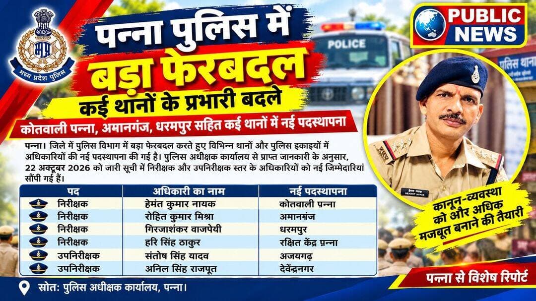 अमानगंज थाना प्रभारी हेमन्त नायक का हुआ स्थांतरण
पन्ना पुलिस में बड़ा फेरबदल, कई थानों के प्रभारी बदले
हेमन्त नायक के तबादले पर क्षेत्र में चर्चा का विषय