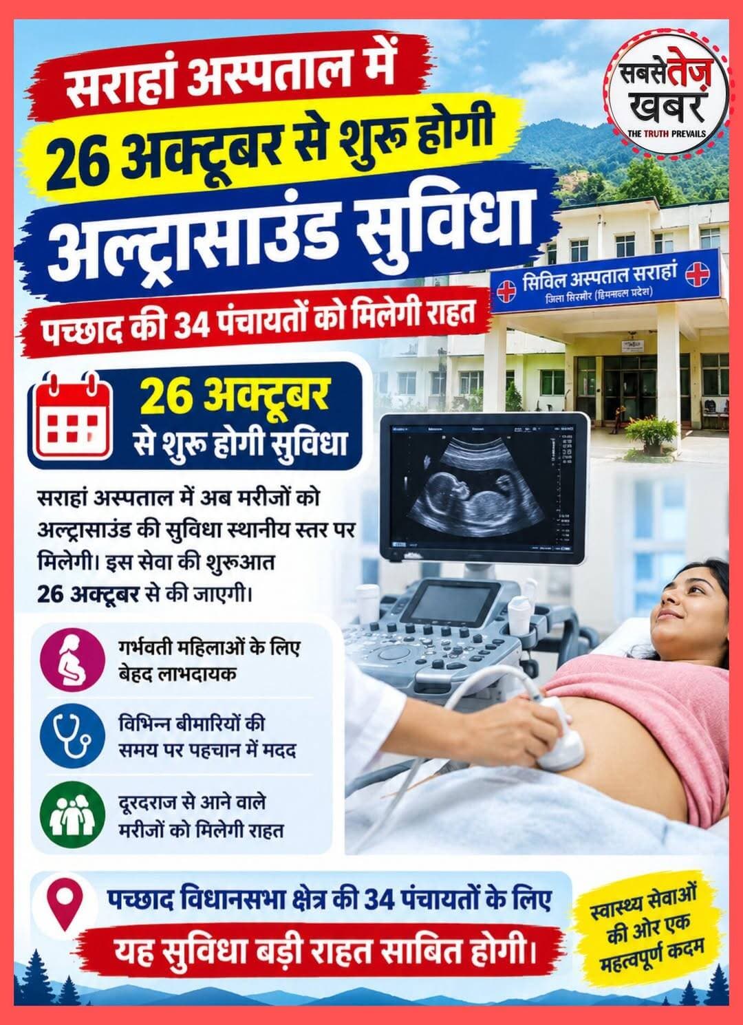 सराहां अस्पताल में 26 अक्टूबर से शुरू होगी अल्ट्रासाउंड सुविधा, पच्छाद की 34 पंचायतों को मिलेगी राहत.. पूरी जानकारी 👇https://www.sabsetezkhabar.live/2026/10/26-34.html