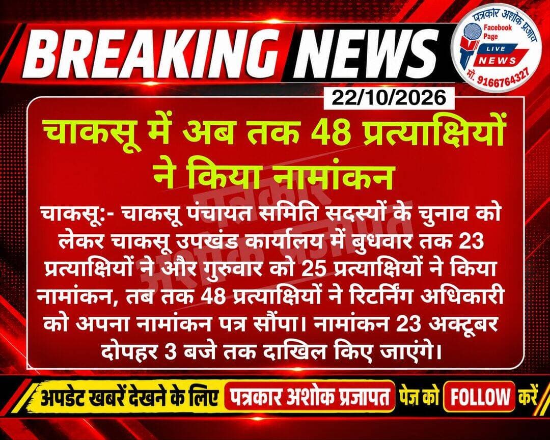 Chaksu- पंचायत <nis:link nis:type=tag nis:id=समिति_सदस्य_वार्डों nis:value=समिति_सदस्य_वार्डों nis:enabled=true nis:link/> के लिए गुरुवार तक <nis:link nis:type=tag nis:id=48_प्रत्याक्षियों nis:value=48_प्रत्याक्षियों nis:enabled=true nis:link/> ने किया अपना <nis:link nis:type=tag nis:id=नामांकन nis:value=नामांकन nis:enabled=true nis:link/> दाखिल
@टॉप फ़ैन
गुलाबी नगर, जयपुर : Pink City, Jaipur चाकसू न्यूज़ अपडेट चाकसू चैनल चाकसू विधानसभा की आवाज (058) - राजस्थान पत्रकार अशोक प्रजापत