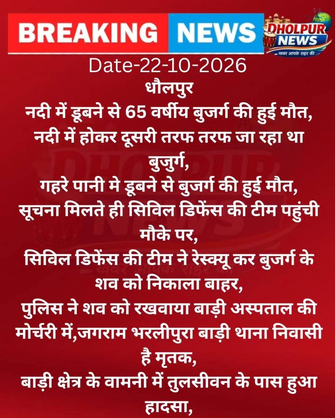 नदी में डूबने से 65 वर्षीय बुजर्ग की मौत
<nis:link nis:type=tag nis:id=dholpurnews nis:value=DholpurNews nis:enabled=true nis:link/> <nis:link nis:type=tag nis:id=highlightseveryone nis:value=highlightseveryone nis:enabled=true nis:link/> <nis:link nis:type=tag nis:id=highlights nis:value=highlights nis:enabled=true nis:link/> <nis:link nis:type=tag nis:id=follower nis:value=follower nis:enabled=true nis:link/> <nis:link nis:type=tag nis:id=followerseveryone nis:value=followerseveryone nis:enabled=true nis:link/>