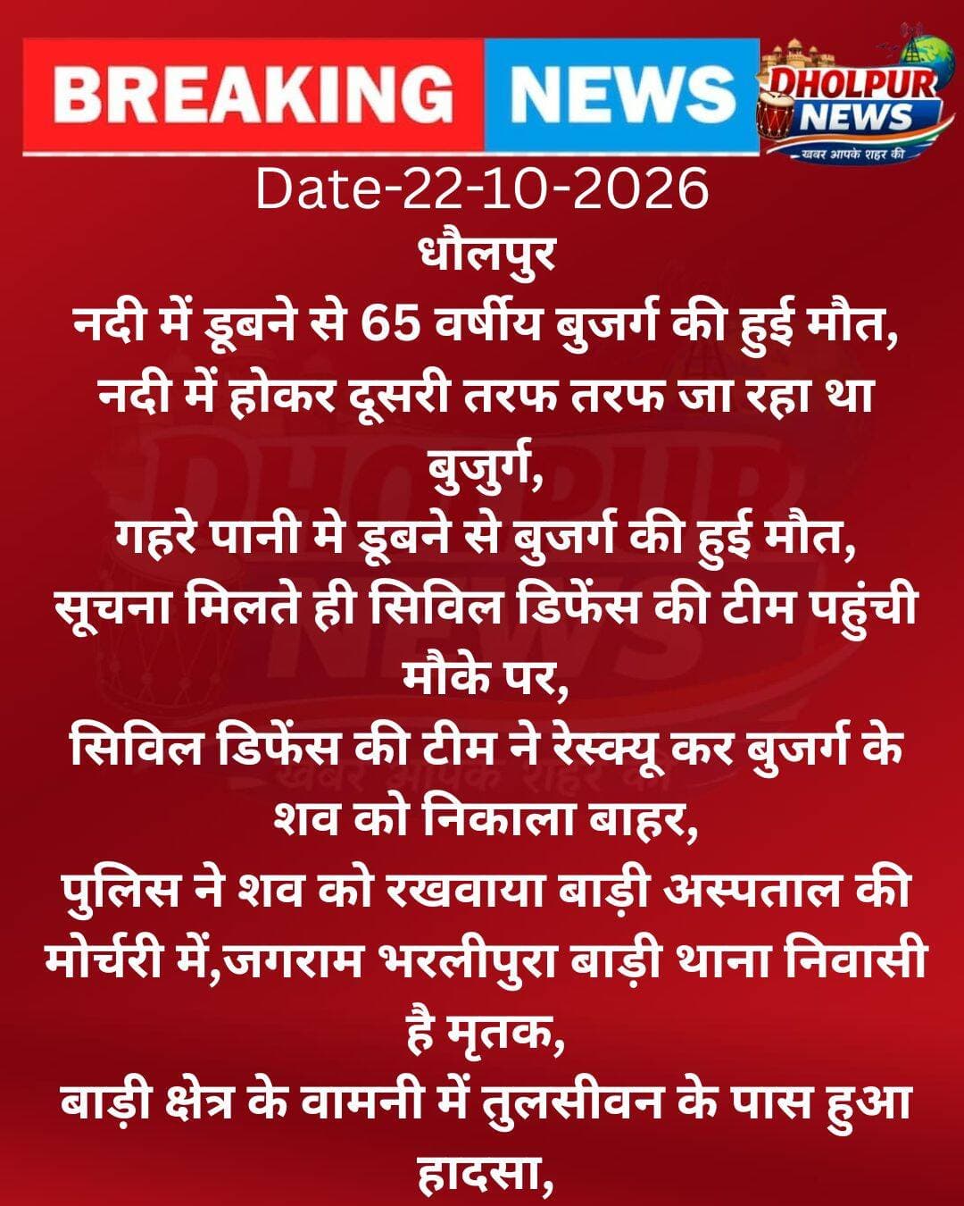 नदी में डूबने से 65 वर्षीय बुजर्ग की मौत
<nis:link nis:type=tag nis:id=dholpurnews nis:value=DholpurNews nis:enabled=true nis:link/> <nis:link nis:type=tag nis:id=highlightseveryone nis:value=highlightseveryone nis:enabled=true nis:link/> <nis:link nis:type=tag nis:id=highlights nis:value=highlights nis:enabled=true nis:link/> <nis:link nis:type=tag nis:id=follower nis:value=follower nis:enabled=true nis:link/> <nis:link nis:type=tag nis:id=followerseveryone nis:value=followerseveryone nis:enabled=true nis:link/>