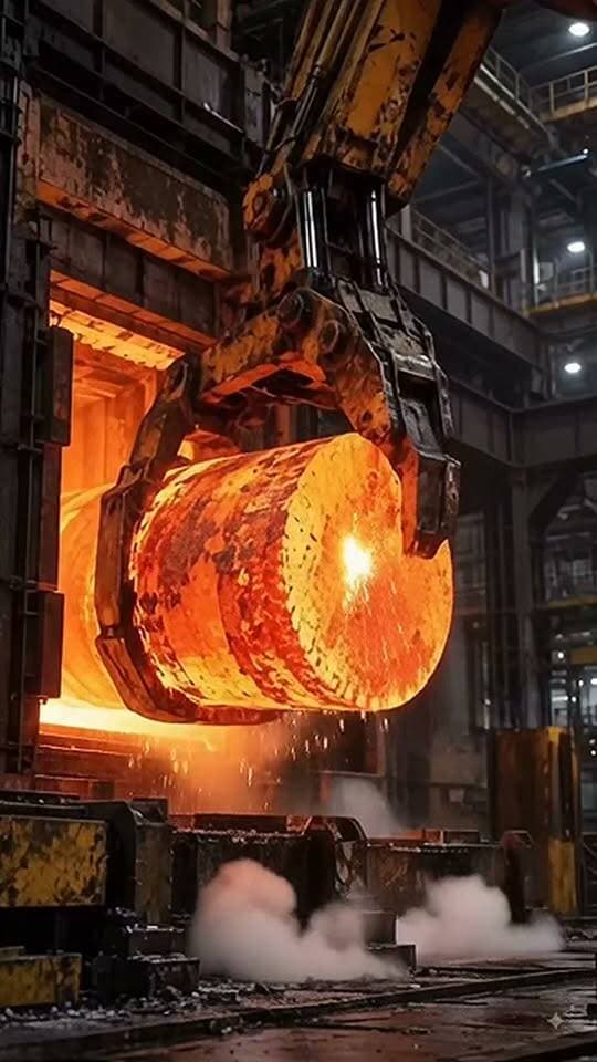 Witness the sheer power of modern manufacturing as a massive piece of glowing hot metal is handled with precision. #manufacturing #heavyindustry #engineering
