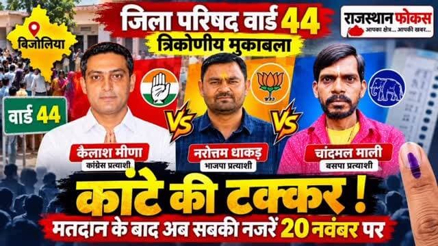 🔥 बिजोलिया वार्ड 44 में त्रिकोणीय मुकाबला!
कांग्रेस के कैलाश मीणा, भाजपा के नरोत्तम धाकड़ और बसपा के चांदमल माली आमने-सामने।
🗳️ 85.41% हुआ मतदान
📅 परिणाम 20 नवंबर को
अब सबकी नजरें चुनाव परिणाम पर! 👀
📍 राजस्थान फोकस | भीलवाड़ा
#Bijolia #Ward44 #RajasthanFocus #BhilwaraNews #राजस्थान_फोकस जिला_परिषद_चुनाव Election2026