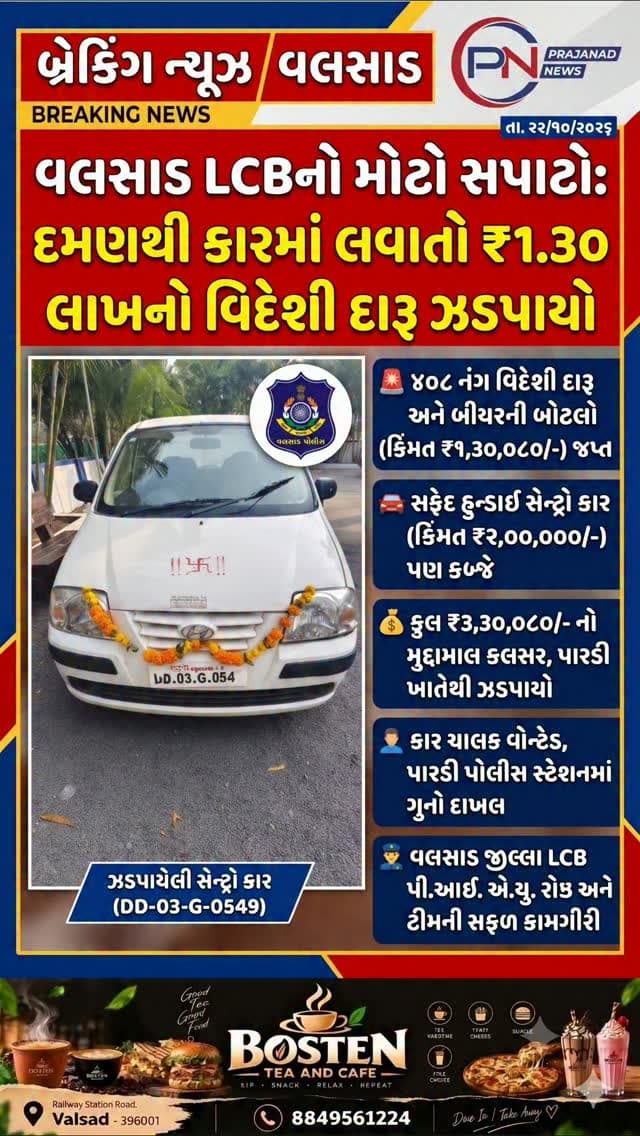 વલસાડ LCB નો મોટો સપાટો: દમણથી કારમાં
લવાતો ₹૧.૩૦ લાખનો વિદેશી દારૂ ઝડપાયો
પારડીના કલસર ગામેથી હુન્ડાઈ સેન્ટ્રો કારમાંથી દારૂ-બીયરની ૪૦૮ બોટલો જપ્ત
તહેવાર ટાણે બુટલેગરો સામે પોલીસની લાલ આંખ; કુલ ₹૩.૩૦ લાખનો મુદ્દામાલ કબજે, કાર ચાલક વોન્ટેડ