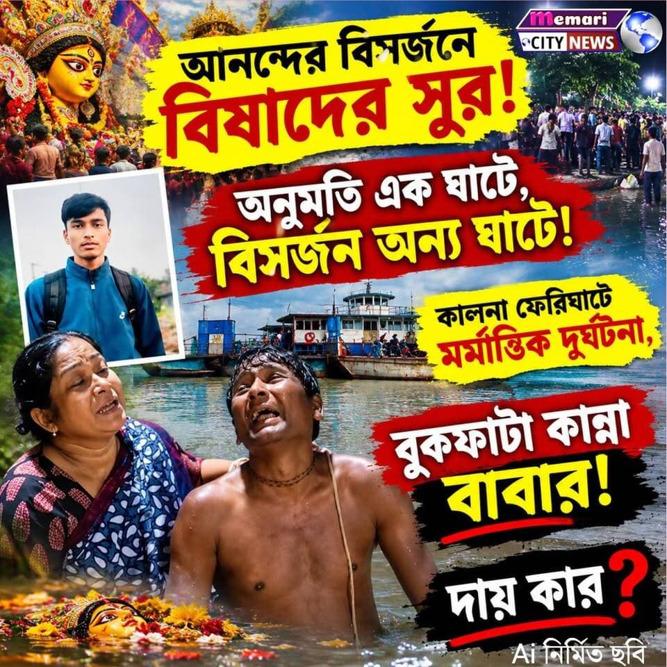 "আনন্দের বিসর্জনে বিষাদের সুর!
"অনুমতি এক ঘাটে, বিসর্জন অন্য ঘাটে! কালনা ফেরিঘাটে মর্মান্তিক দুর্ঘটনা, দায় কার?"